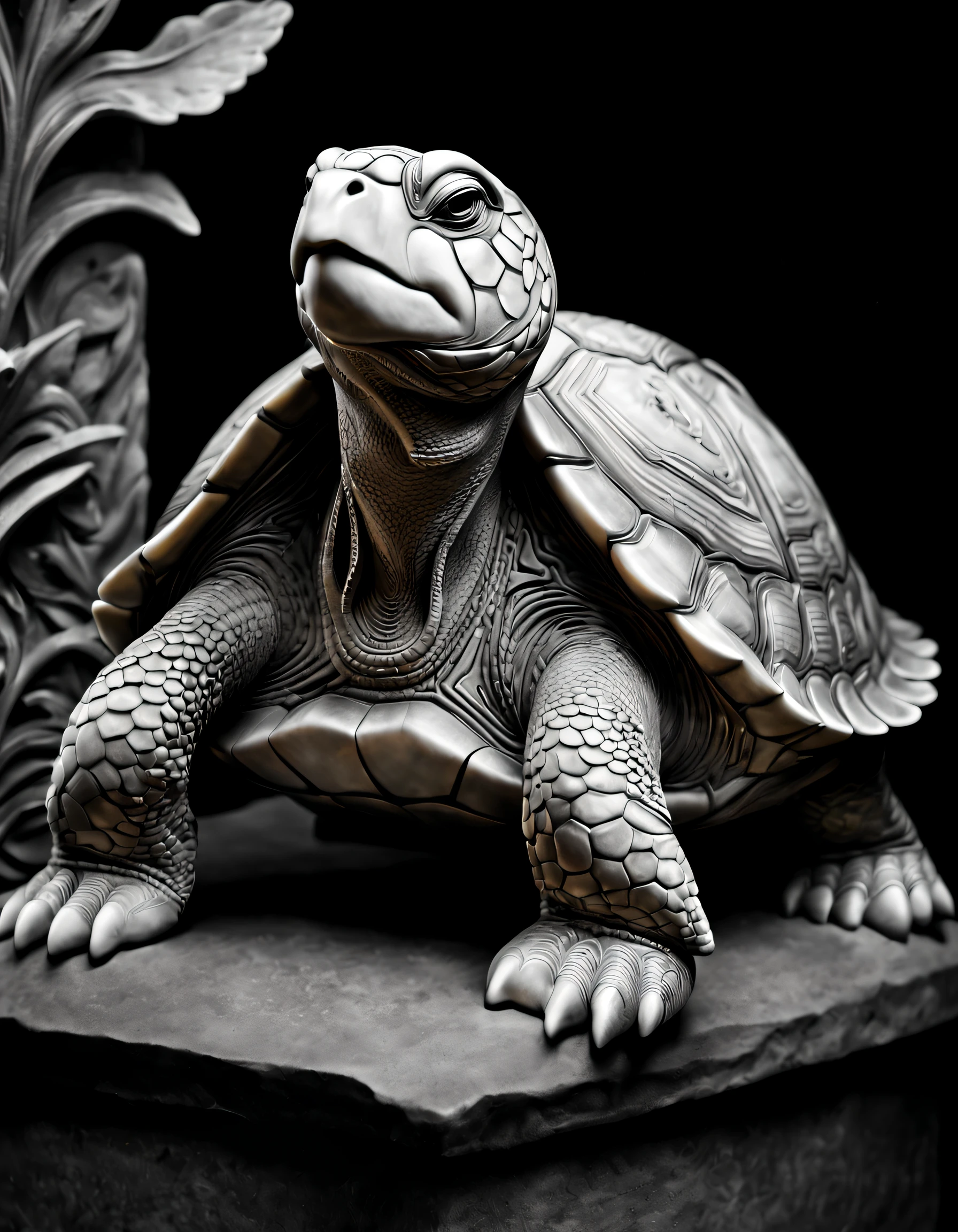 (Black and White Ultra HD Photography,),(Sculpture design),(Stone carving art),A turtle with its head held high, carved, stone statues, and intricate and gorgeous details,,lightand shade contrast, ultra-realistic realism,with black background,studio photography, studio portraits
