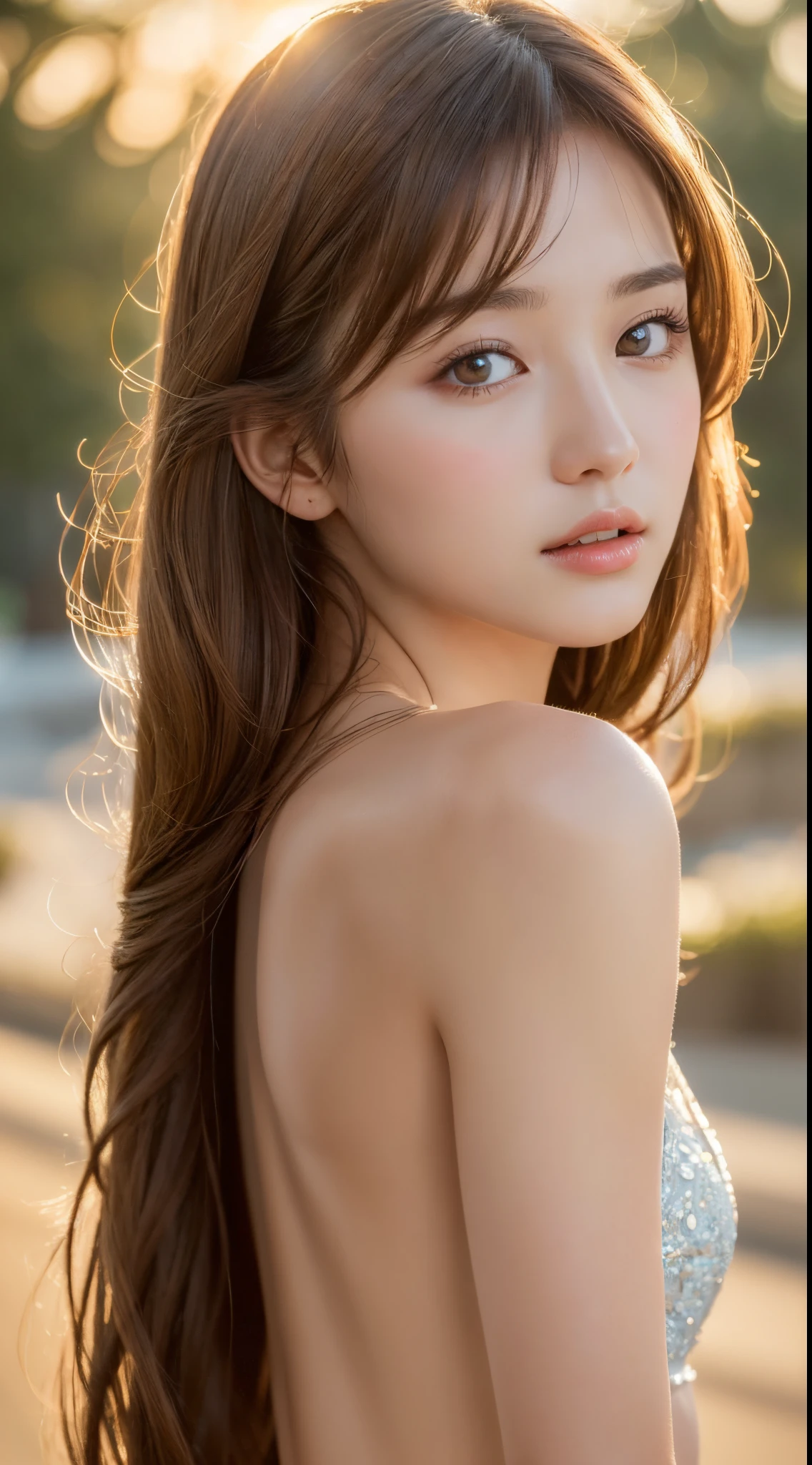 ((Best quality, 8k, Masterpiece :1.3)), 1girl, Pretty woman with emphasizing, light brown hair, small breasts, (back light :1.2), Ultra-detailed face, Detailed eyes, Double eyelid