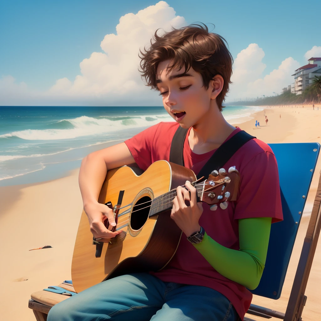 Pixar. Um jovem cantor tocando ukulele na beira da praia