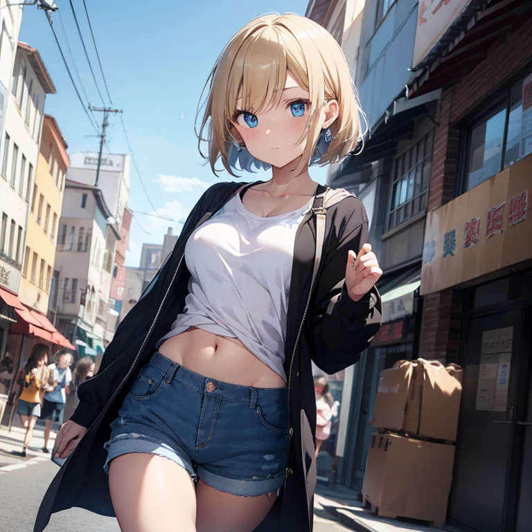 2D Anime Style、Beautiful blue eyes(Talented lo-fi:1.3),breasts are slightly larger、Blonde Shorthair,Cool adult woman with a serious expression.,feather tops,Denim shorts,Wear a long coat,walking in city,European-style cityscape,