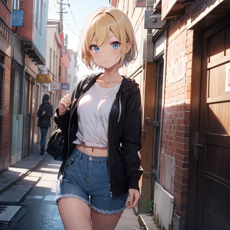 top-quality、8K、2D Anime Style、hight resolution,Blue eyes、breasts are slightly larger、A cool adult woman with messy short blonde hair and a serious expression.............、wearing shorts and a long coat、She wears a fashion that shows her stomach、hold the bag with your right hand。.。.、Hold your smartphone in your left hand,Walking around the city alone,