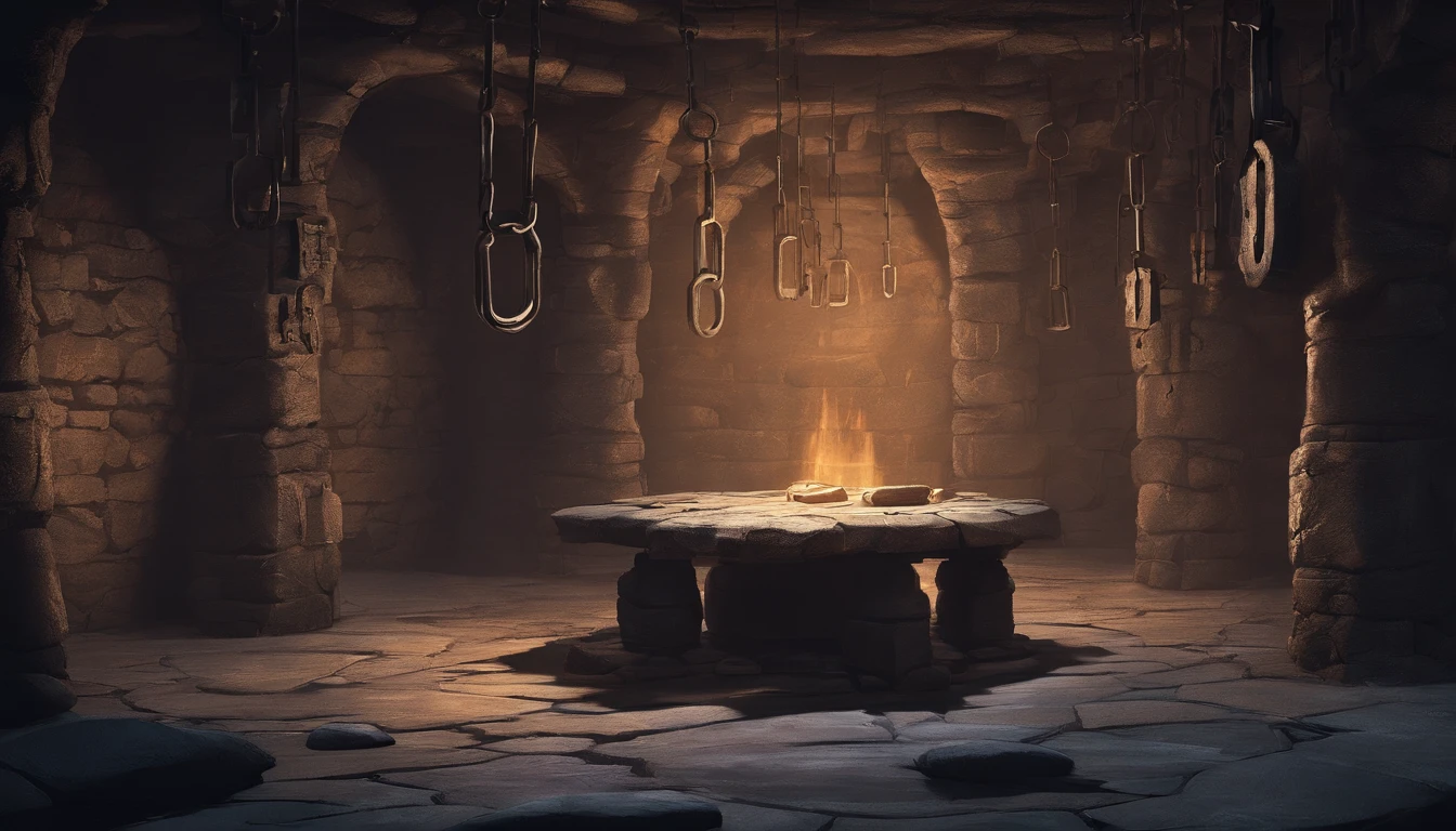 medieval dungeon cell, it is cold and empty stone with shackles on the floor, side view from outside the bars