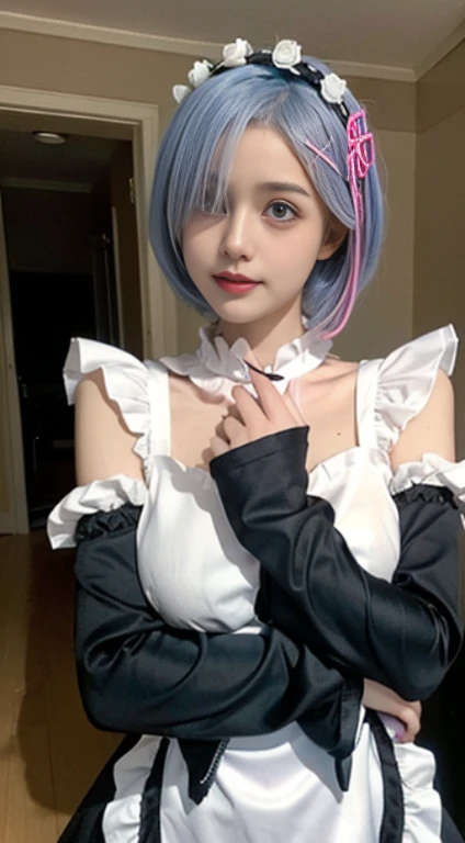 r_Big breasts, big breasts_meter, 1个Giant Breast Girl,(pretty face:1.25) blue short hair, eBlue eyes, hair on one eye, hair adornments, pink hairband, Rem's maid uniform, separated sleeves, The upper part of the body, Permanent,Indoors, liveroom, sofe, appearance, janelas