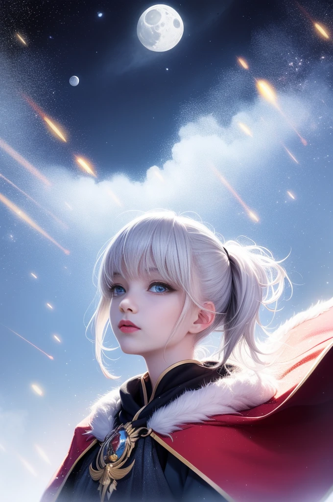 tmasterpiece, (Best quality at best:1.2), (ultra - detailed:1.2), illustratio, (Extremely Delicately Beautiful:1.2),Movie Angle,floating, (美丽细致的眼睛:1.1), (detailedlight:1.1),电影灯光, beautiful detailed sky, femele, White hair, eBlue eyes, (high ponytails:1.1), Cloak, glowing light eyes, (themoon:1.2), (rays of moonlight:1.1), starrysky, (lighting particle:1.1), Foggy sections, Snow painting, a sketch, full bloom