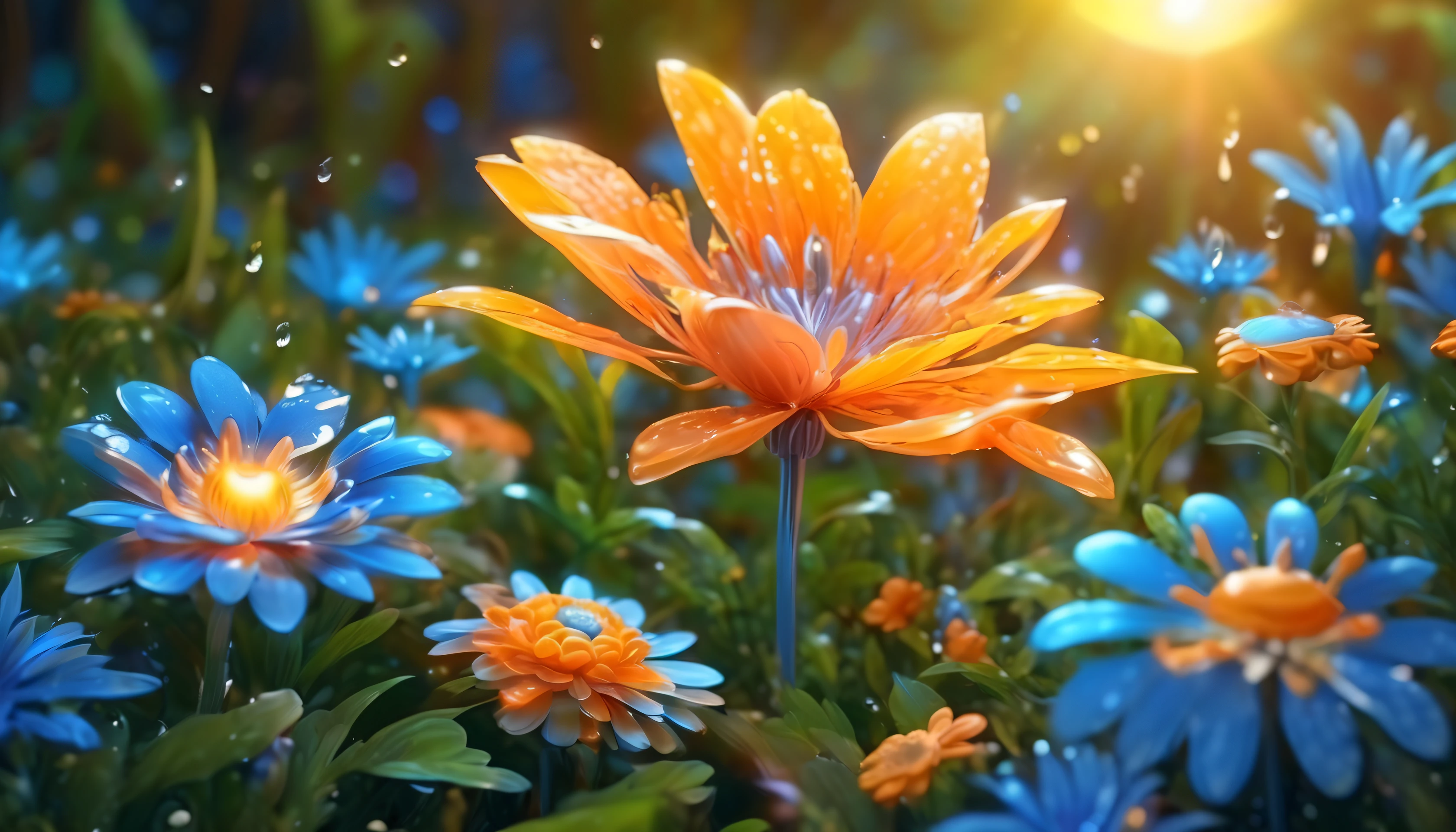 a wet orange in the form of a flower,a tangerine flower,a flower in the form of a tangerine, a blue glow emanates from it to the cut of the petals,gradient petals from orange to transparent, among other types of flowers, grows in the forest,a magical fairy-tale forest,behind the flower the bright sun shines with rays, clear details,hyper-drawing of flower details, high quality 8L, full HD 16L,high quality 8L, full hd 16K
