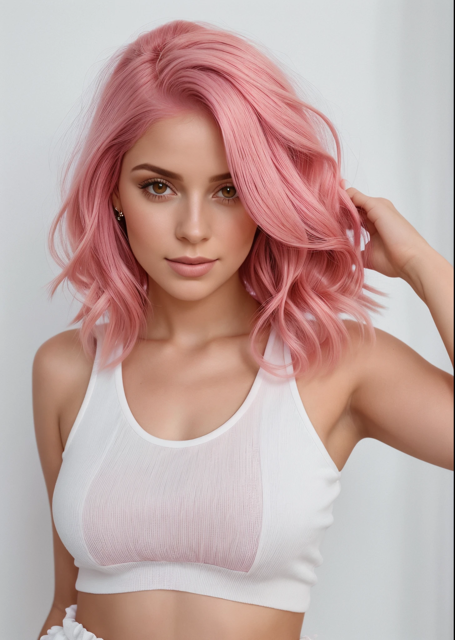mulher arafada com cabelo rosa e top branco posando para uma foto, com cabelo rosa, menina bonito com cabelo rosa curto, cabelo rosa, cabelo rosa wispy, cabelo rosa curto, menina cor-de-rosa, cabelo chiclete, cabelo rosa claro, algum rosa, Cabelo curto rosa, corpo rosa, cabelo rosa claro com chamas cor-de-rosa, flowing pink hair, Cabelos Coloridos, cara rosa
