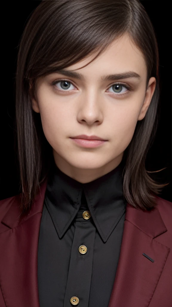 Retrato da menina europeia, sozinho, 20 anos, rosto bonito, cabelo sobre um olho, medium sidecut, cabelo preto, foco afiado, black business suit, background office