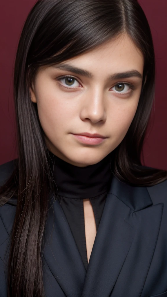Retrato da menina europeia, sozinho, 20 anos, rosto bonito, cabelo sobre um olho, medium sidecut, cabelo preto, foco afiado, black business suit, background office