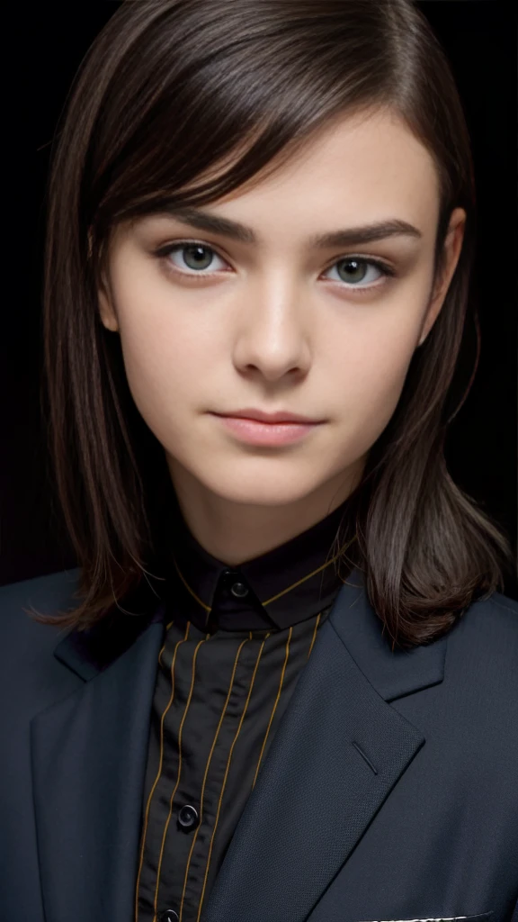 Retrato da menina europeia, sozinho, 20 anos, rosto bonito, cabelo sobre um olho, medium sidecut, cabelo preto, foco afiado, black business suit, background office