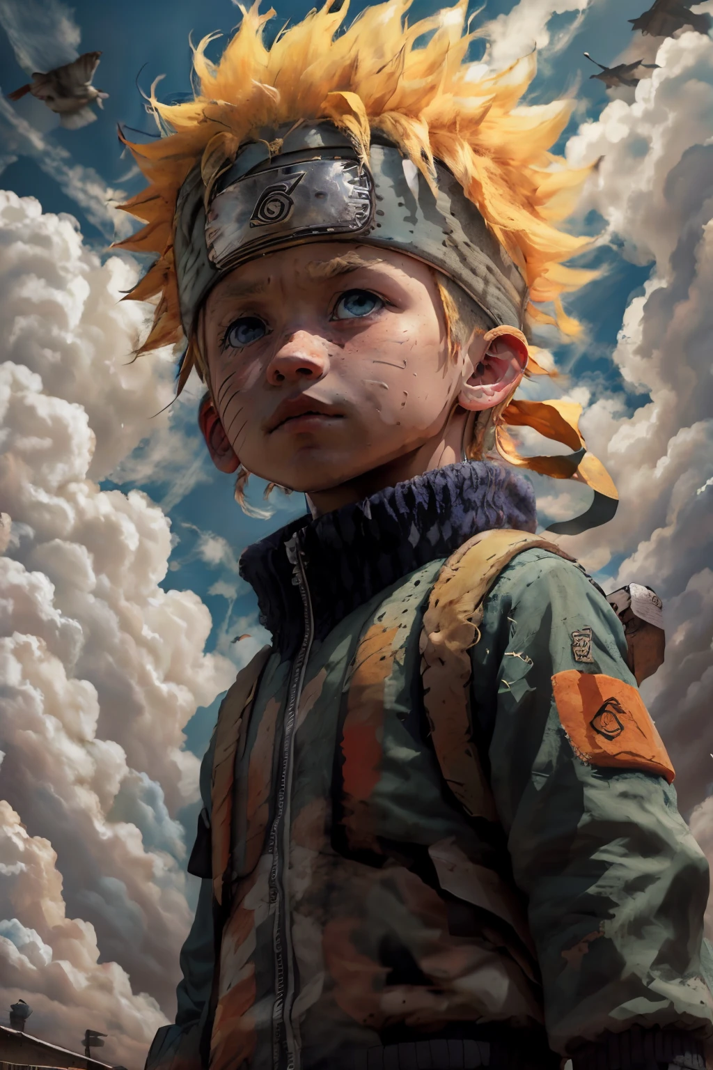 chibinaruto, 1boy, blonde hair, male focus, solo, sky, green eyes, cloud, day, whisker markings, bird, blue sky, male child, jacket, outdoors, upper body, cloudy sky