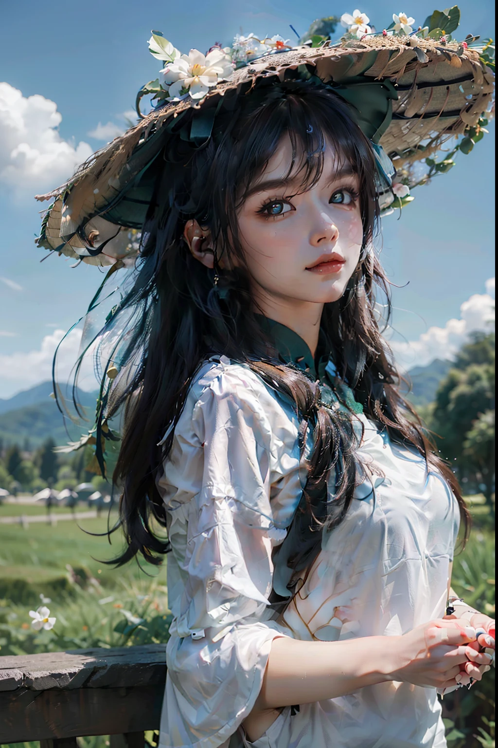 《genshin impact》hu tao, white backgrounid, leisure wear, Casual T-shirt, Cute pose, large grassland, Beautiful girl wearing sun hat on the grassland, large clouds, blue-sky, lucca, at a forest, hillside, secluded, tourist attraction, high definition detail, hyper-detailing, Cinematic, ultra-realistic realism, gentlesoftlighting, Deep field focus bokeh, Ray tracing and surrealism. --v6