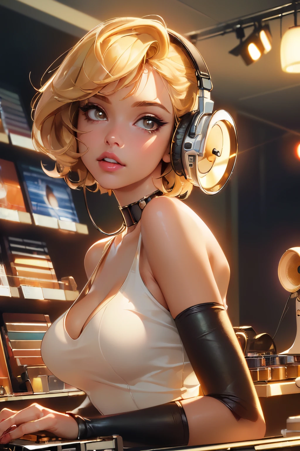 (masterpiece, best quality:1.4), ultra-detailed, soft light, natural lighting, cinematic light, film grain, (depth of field), (1woman, solo:1.4), mature woman, perfect female form, (perfect face, detailed face, glossy lips, eyeliner), short hair, blonde, (natural breasts), (leotard, gloves, bare legs), (mixtape:1.4), (music store, discs, vinil, radio, amplifiers, speakers, headphones), (standing),
