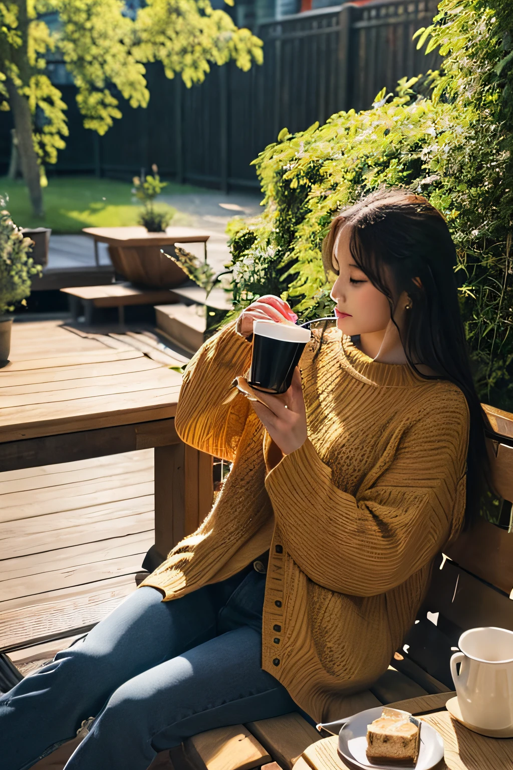 Cosy afternoon，Drinking coffee outdoors