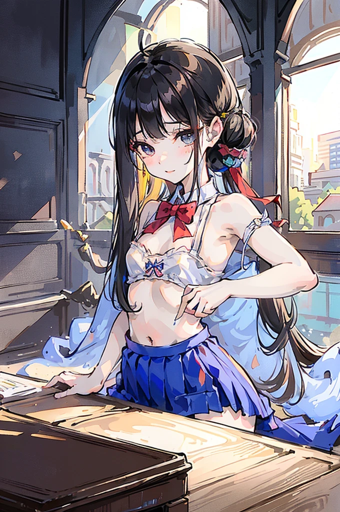 2-dimensional,bit girl, , small, female student, 校服, Superskirt, People who don't wear underwear, lying on the table, Undress, Small under breasts,There is a mole under the neck,Small bottom, Classroom, ssmile, Stas, Volumetriclighting, rays of sunshine, bright,nipple play
