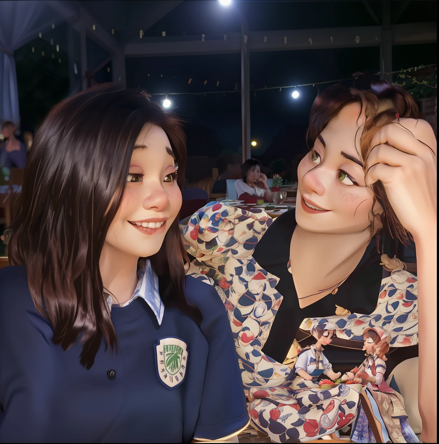 they are two women sitting at a table with a plate of food, with her long, with ivy, candid picture, taken with the best dlsr camera, low quality photo, during night, very very low quality picture, candid photo, smooth in _ the background, scandy and arender, (((low light))), during sunset, with lovely look, with funny feeling