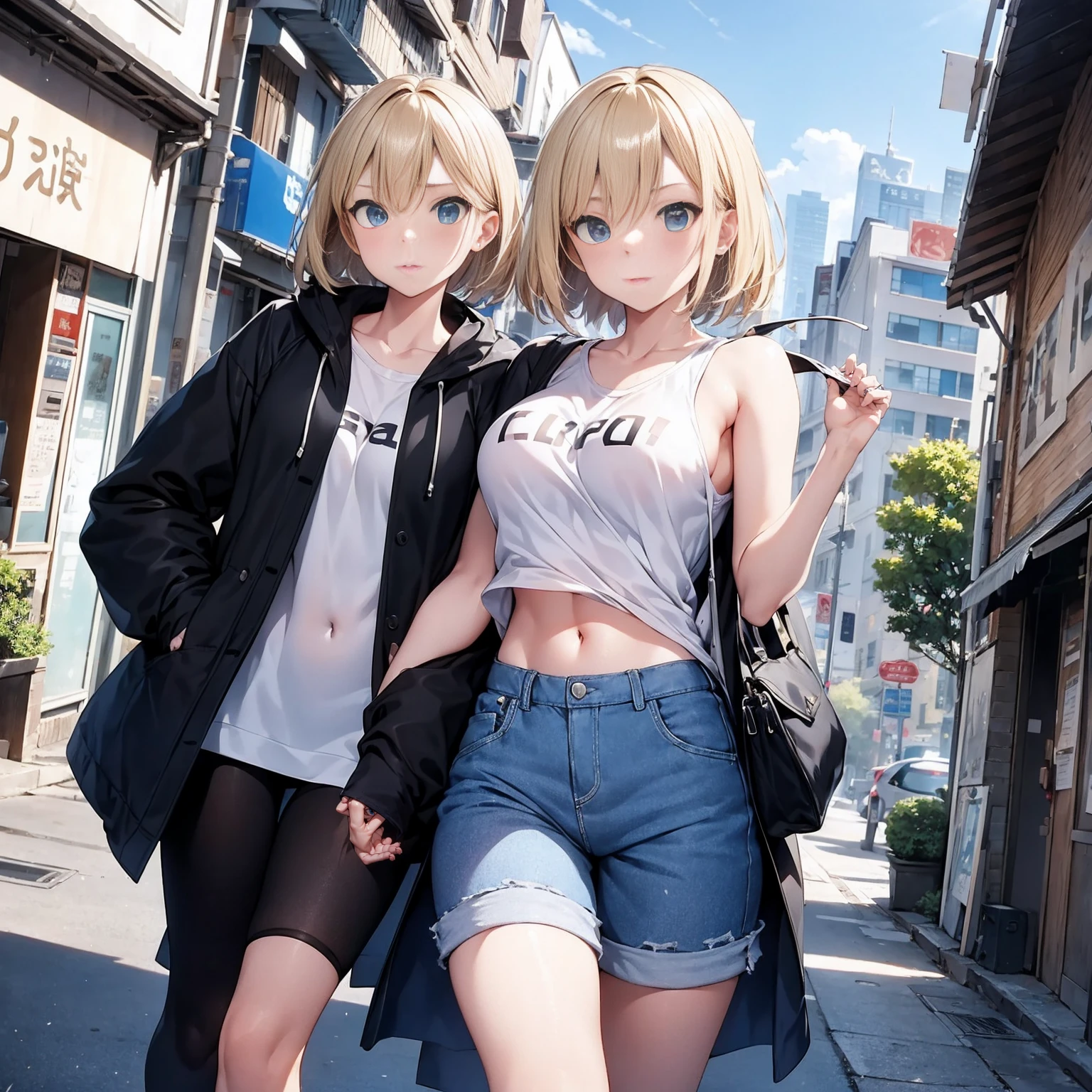 2D anime style、Blue eyes、Adults、Breasts slightly larger、a cool、Blonde shorthair、Beautuful Women、smoking cigarettes、shortpants、knit、jaket、boots、full bodyesbian、Will、1人、Walking