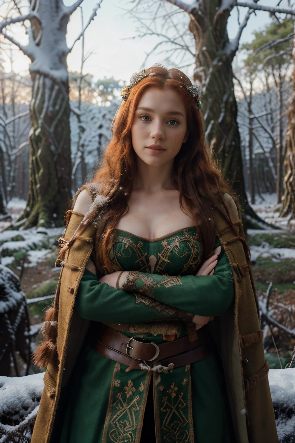 Woman in a medieval celtic warrior dress, (Celtic cosplay) , (ancient celts style:1.2), ((winter forest:1.4)), ((snow)) celtic european beauty, (open shirt: 0.8), Long and red hair, red hair, bow and arrows, full body shot, winter jacket, ginger, freckles, smooth skin, white skin, , (perfect body) , (sexy pose:1.2), portrait, ((Looking at camera)), (Highest quality), sony A7sIII, film stock, photograph , kodak 400 camera f1.6 lens, cinestill 800, (Lente de 28 mm), third rule, rich colors , lifelike, texture, natural lighting, ((wide shot))