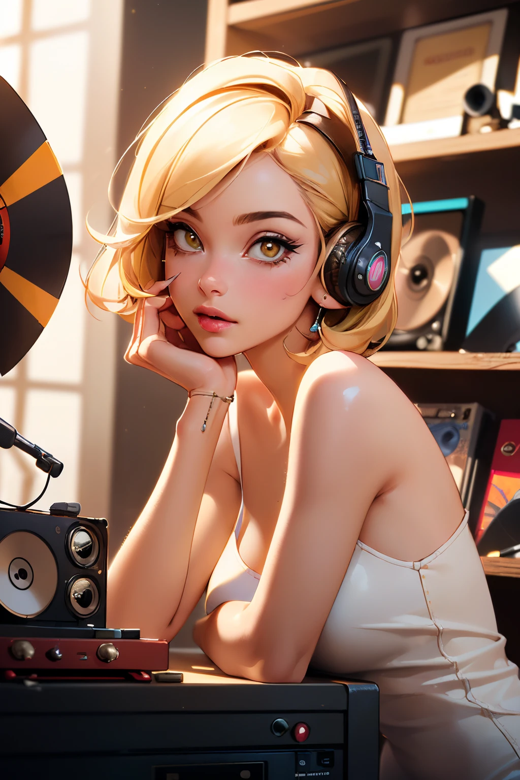 (masterpiece, best quality:1.4), ultra-detailed, soft light, natural lighting, cinematic light, film grain, (depth of field), (1woman, solo:1.4), mature woman, perfect female form, (perfect face, detailed face, glossy lips, eyeliner), short hair, blonde, (mixtape:1.4), (music store, discs, vinil, radio, amplifiers, speakers),