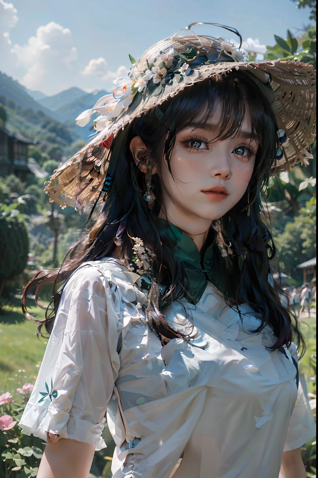 《genshin impact》hu tao, white backgrounid, leisure wear, Casual T-shirt, Cute pose, large grassland, Beautiful girl wearing sun hat on the grassland, large clouds, blue-sky, lucca, at a forest, hillside, secluded, tourist attraction, high definition detail, hyper-detailing, Cinematic, ultra-realistic realism, gentlesoftlighting, Deep field focus bokeh, Ray tracing and surrealism. --v6