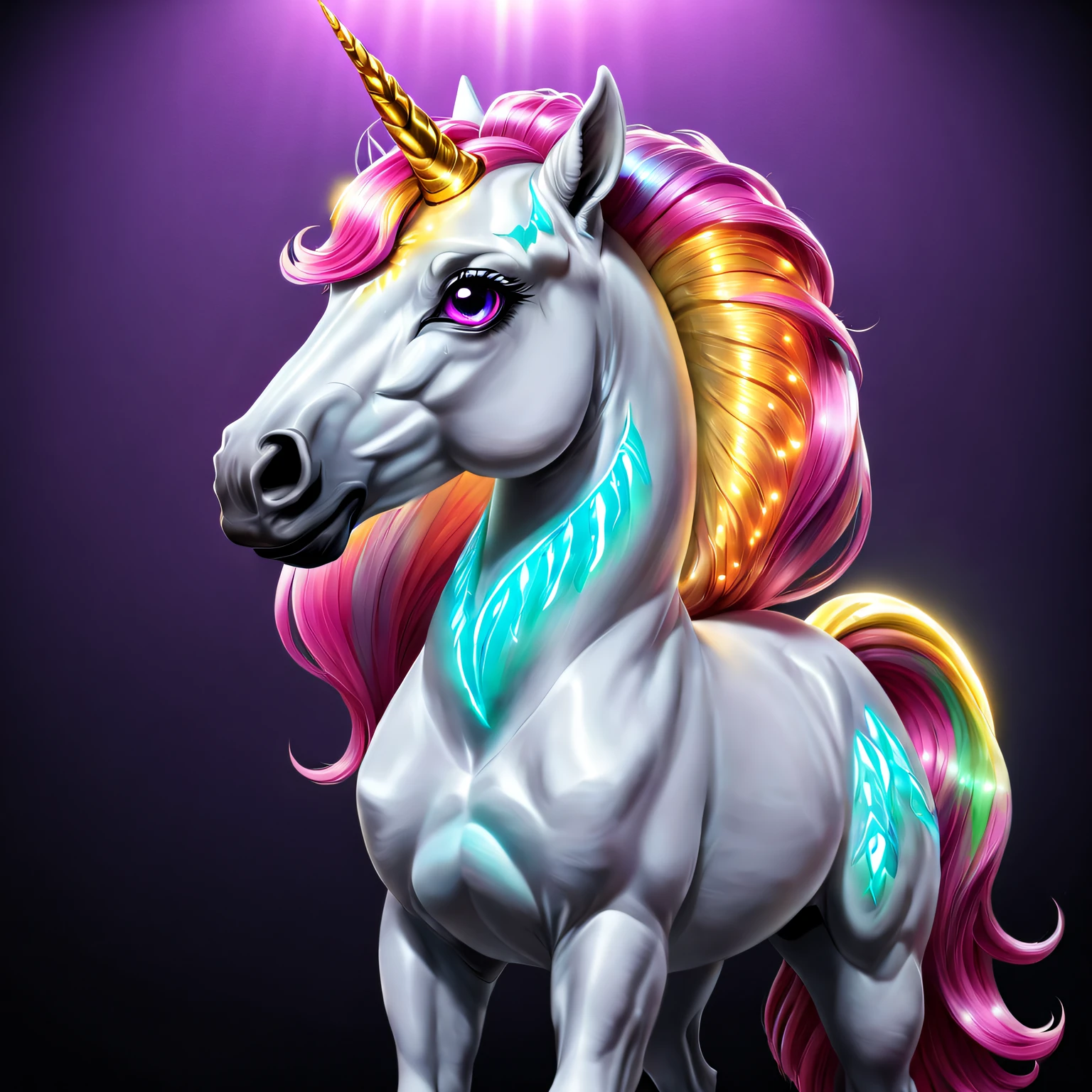 A stunning unicorn horse, Stylish glowing hairstyle, Proud,