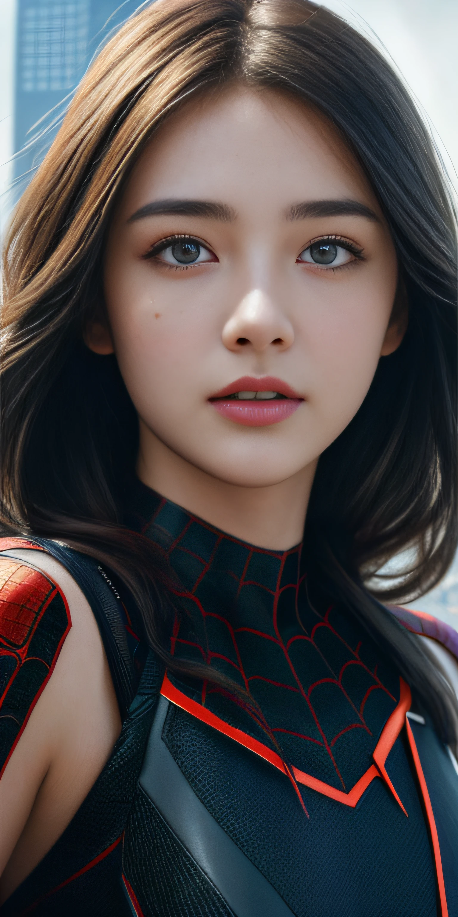 (1girl:1.3), Solo, (((Very detailed face)))), ((Very detailed eyes and face)))), Beautiful detail eyes, Body parts__, Official art, Unified 8k wallpaper, Super detailed, beautiful and beautiful, beautiful, masterpiece, best quality, original, masterpiece, super fine photo, best quality, super high resolution, realistic realism, sunlight, full body portrait, amazing beauty, dynamic pose, delicate face, vibrant eyes, (from the front), She wears Spider-Man suit, red and black color scheme, spider, very detailed city roof background, rooftop, overlooking the city, detailed face, detailed complex busy background, messy, gorgeous, milky white, highly detailed skin, realistic skin details, visible pores, clear focus, volumetric fog, 8k uhd, DSLR, high quality, film grain, fair skin, photo realism, lomography, futuristic dystopian megalopolis, translucent
