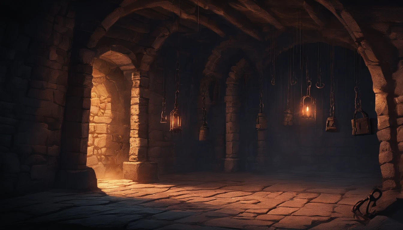 inside of a medieval dungeon cell, the dungeon cell is empty and rectangular shaped with cold stone walls and shackles, it is cold and bleak with faint cold torch light