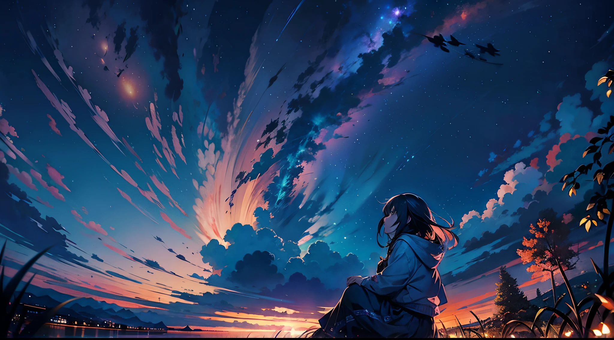 Anime girl sitting on the ground looking at the sky, Anime Sky, beautiful anime scenes, Watching the sun set. Japanese cartoon, sitting on the cosmic cloudscape, Cosmos Sky. author：Shinkai sincerely, anime backgrounds, makoto shinkai cyril rolando, anime wallpaper, Anime beautiful peaceful scene, Beuatiful anime, 4k anime wallpapers, Anime art wallpaper 4k