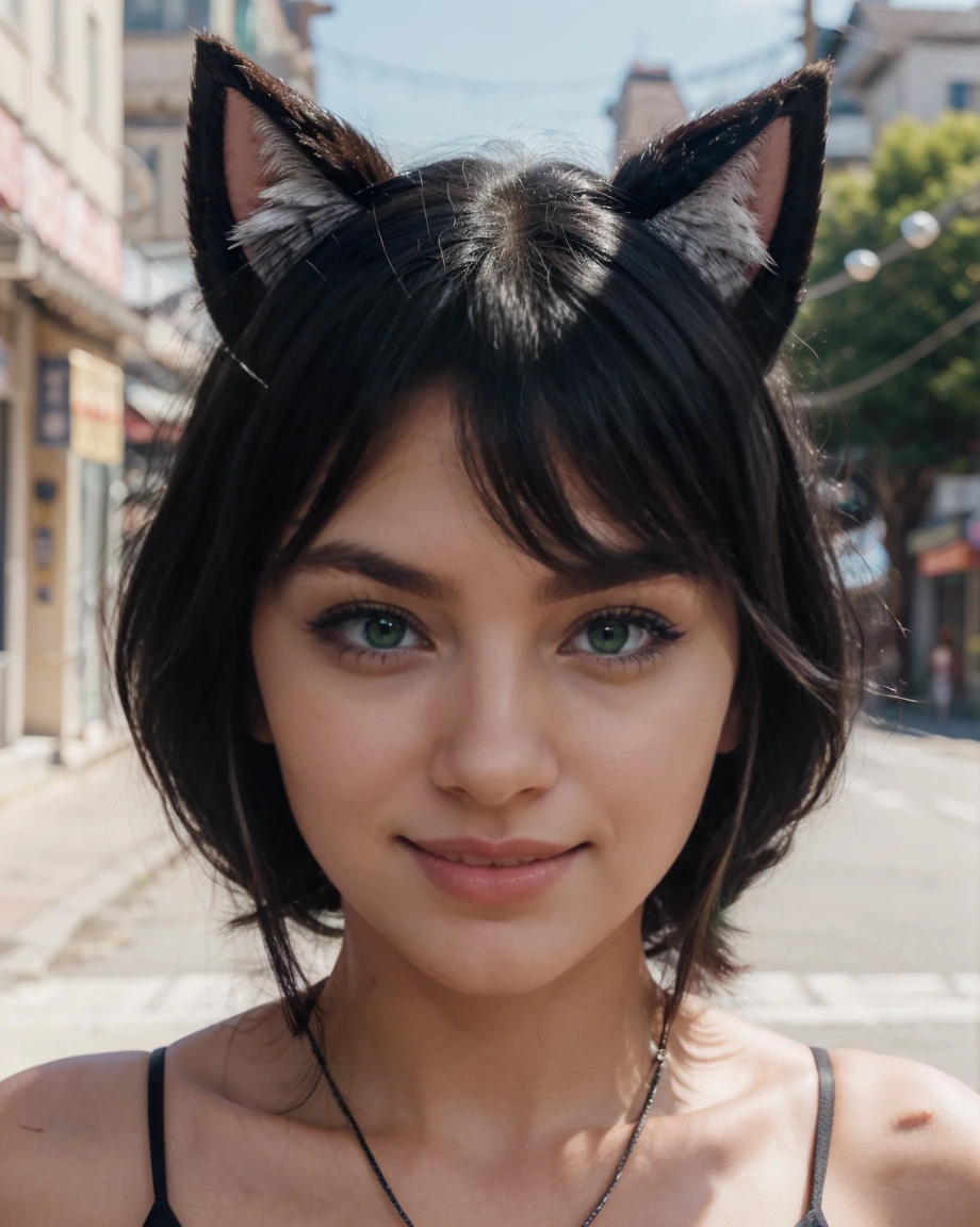 black hair, hair bobbles, wince, longeyelashes, solid circle eyes, fake animal ears, light smile, ear blush, fang, Surrealism, drop shadow, anaglyph, stereogram, tachi-e, pov, atmospheric perspective, 8k, super detail, ccurate, best quality