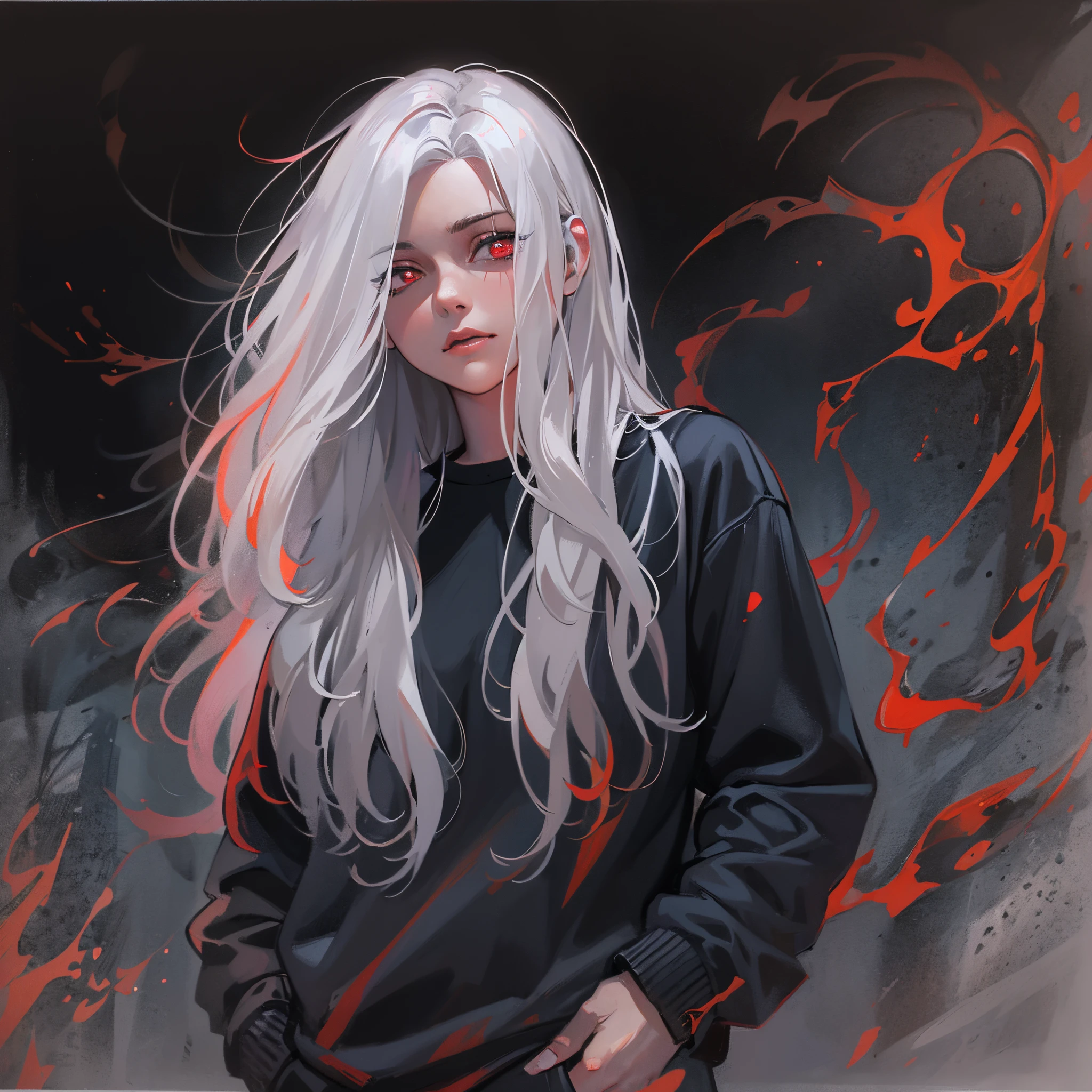 white-haired girl, light red eyes, long hair, black pants, loose black sweatshirt with red details, hair details, hands in pockets (best quality, ultra-detailed), charcoal drawing, vibrant colors, soft lighting