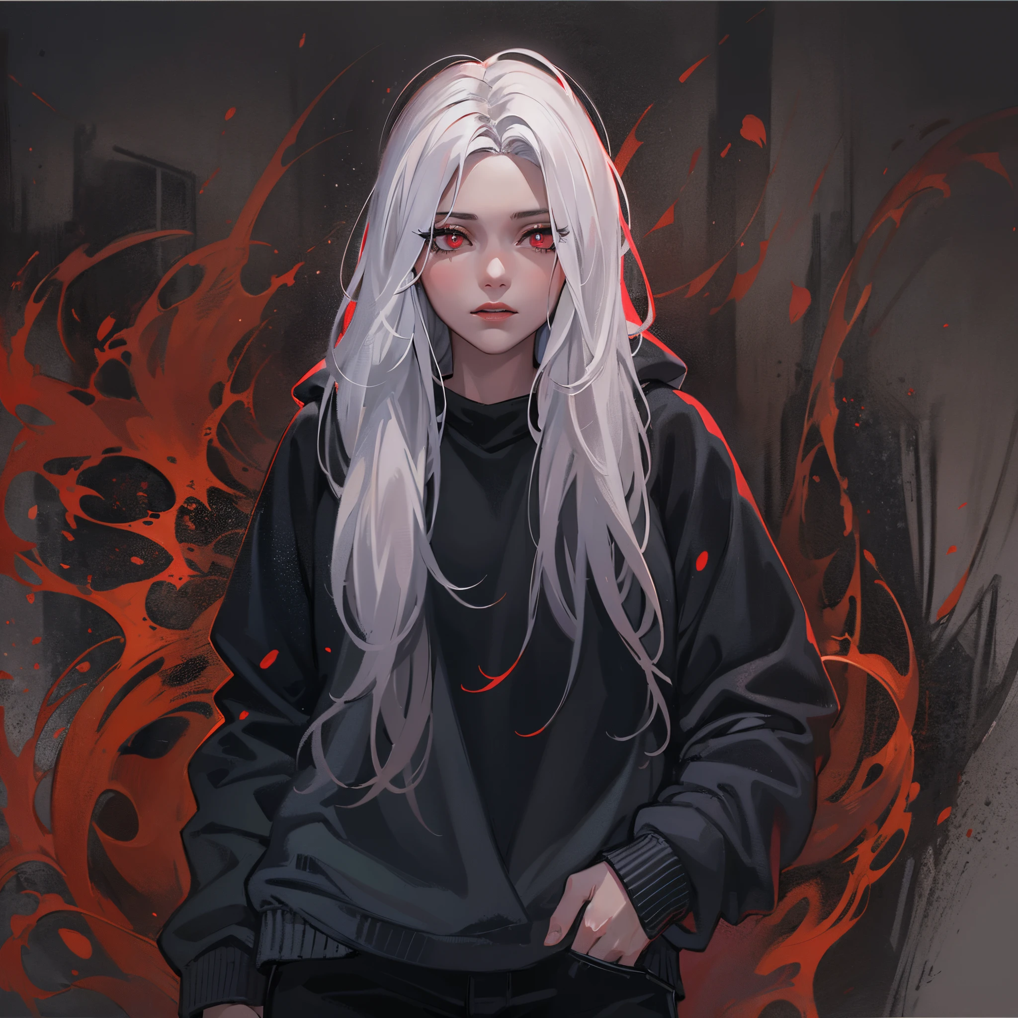 white-haired girl, light red eyes, long hair, black pants, loose black sweatshirt with red details, hair details, hands in pockets (best quality, ultra-detailed), charcoal drawing, vibrant colors, soft lighting