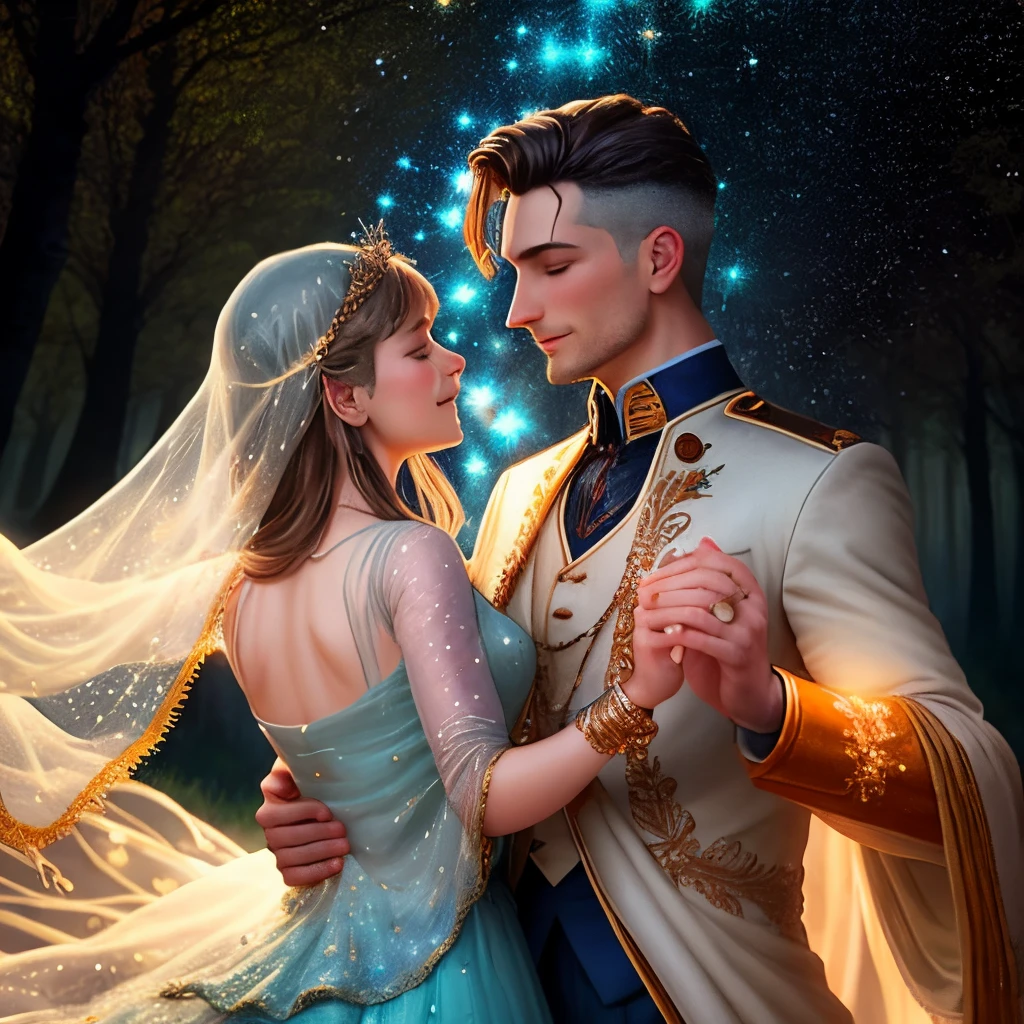 Crie uma imagem que retrate uma cena noturna em um bosque encantado, iluminado pela luz suave da lua com duas fadas. Highlight two graceful figures dancing, tecendo encanto brilhante, ao vento noturno. Include elements such as twinkling stars witnessing the dance and sparkles stored in the wings. Explore um olhar profundo, mysteries embroidered in cosmic stitches, and threads of light intertwining secrets in the magical atmosphere. Capture the serenity of winged figures expressing emotions through sweet glances Add fairyland details, onde o tempo desfaz-se, elfos riem suavemente, and a poetic environment. Convey the sensation of feelings being embroidered into stardust, revealing an ethereal poetry where magic shines., vibrant and realistic