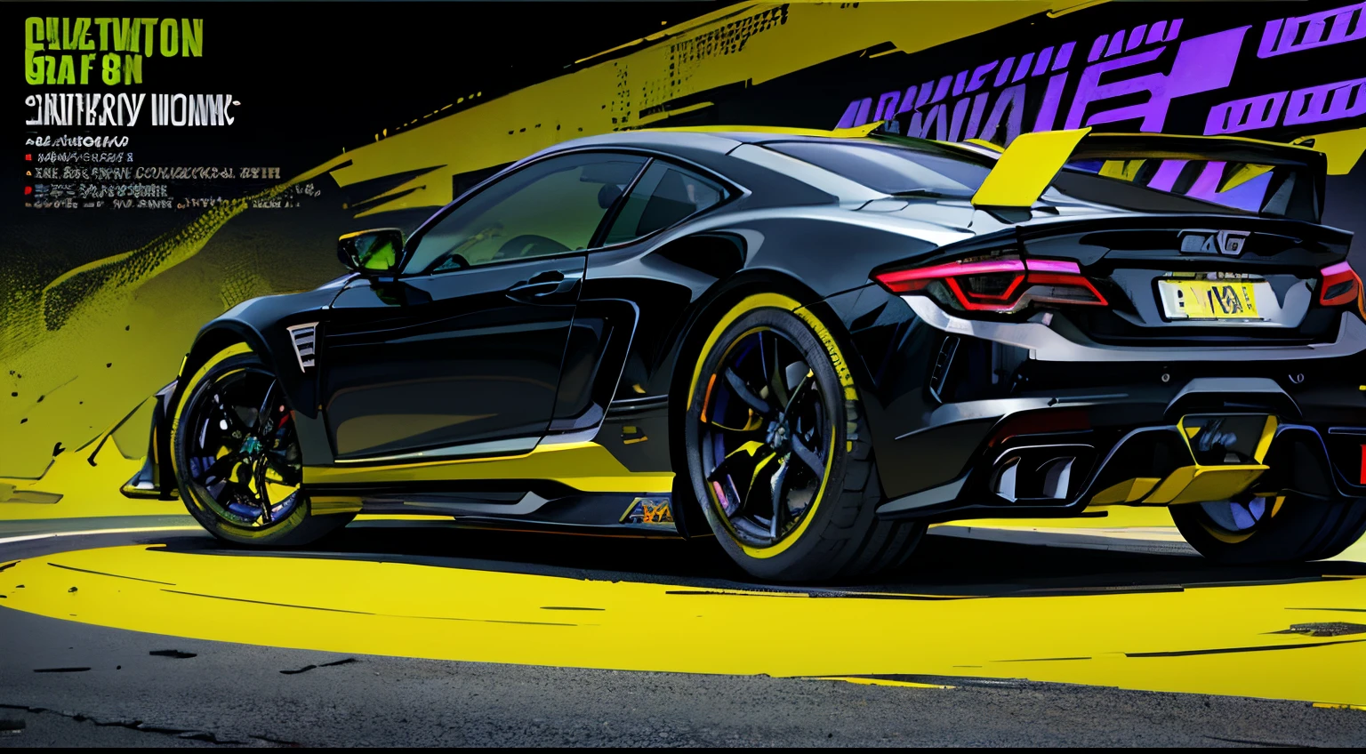 Poster background with，The Car，Graphic design，Visually stunning and stunning，Magazines，Cover of a，The color is black，((green color))，Very little purple，Tough，straight line，block polygon，(theatrical), (grittiness), (drastic)，There is a sense of danger and intensity，，Adds to the overall drama and excitement，Majestic, Fashionab, a vibrant one，boldness，Striking，modern