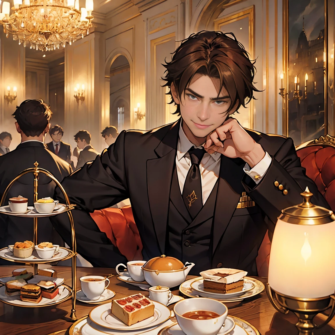 A handsome young man in a yellow suit on the side,sitting at the dining table,The look on his face was very unhappy,in the style of the stars art group xing xing, 32K, Best quality, Masterpiece, Super detail, High details