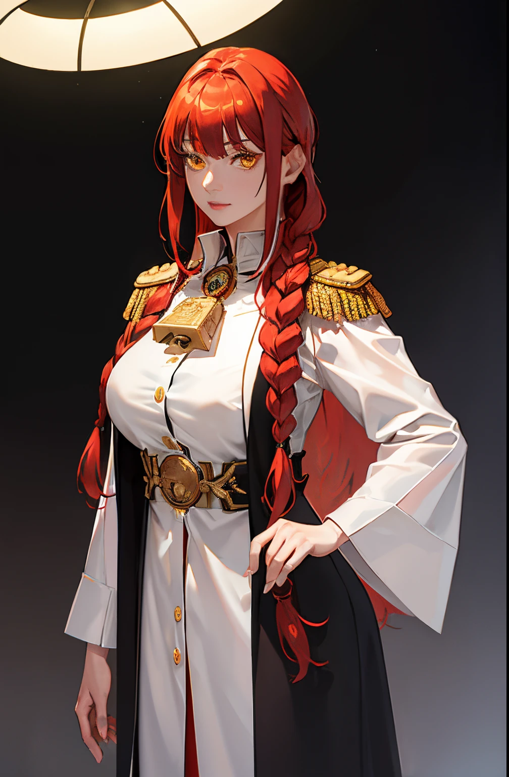 , Medium tits, masterpiece, (photorealistic:1.4), best quality, beautiful lighting, large witch hat, admiral long coat, shoulder badge, (ulzzang-6500:0.5), makima \(chainsaw man\), (red hair)+(single long braided hair)+(bangs), yellow eyes, golden eyes, ((ringed eyes)), (white shirt), RAW photo, 8k uhd, film grain, at castle, mediavel, closeup