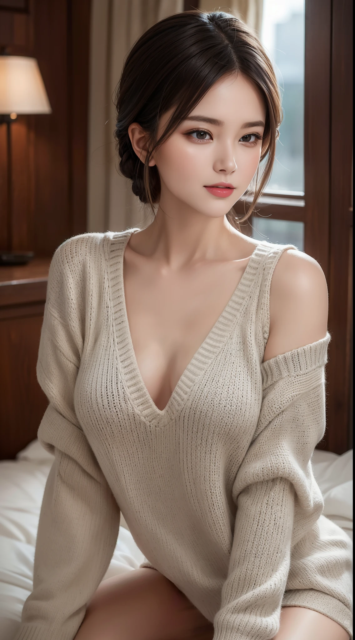 masutepiece, Best Quality, Illustration, Ultra-detailed, finely detail, 8K Wallpaper, Perfect dynamic composition, Beautiful detailed eyes, Perfect Sweater, Natural Color Lip,cleavage,Keep your hands between your legs, ((closed chest)), ((closed clothes), ((Dress politely)), Luxury hotel bedroom, Feet, Dynamic Pose