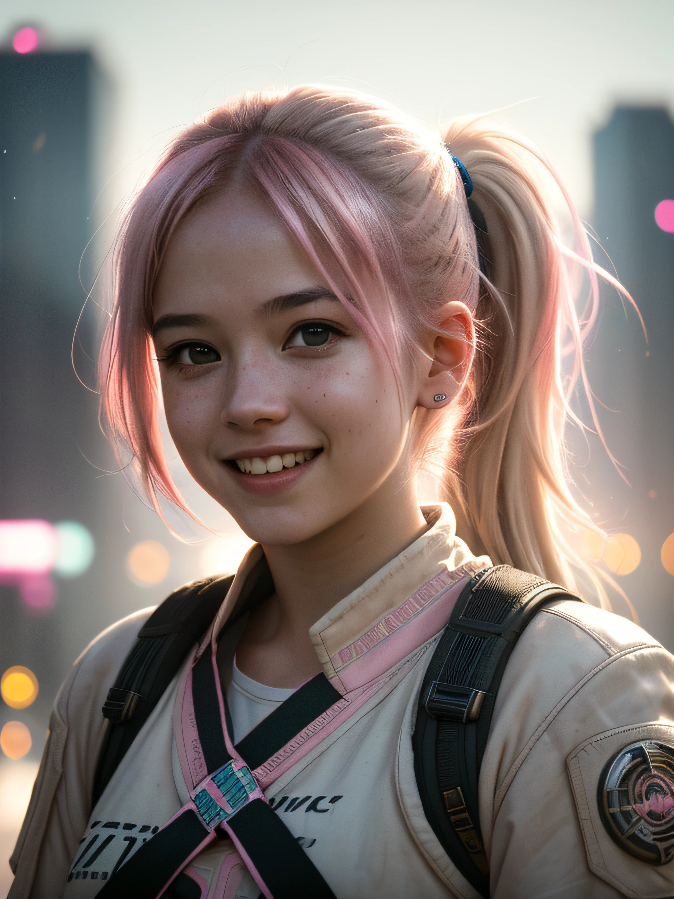 Portrait photo of a young girl, (laughing:0.7), pink ponytails hair, complex city background, backlit, (cinematic:1.5), epic realistic, hyperdetailed, insane details, intricate details, accent lighting, soft volumetric light, bokeh, (dramatic light:1.2), (neutral colors:1.3), cross process