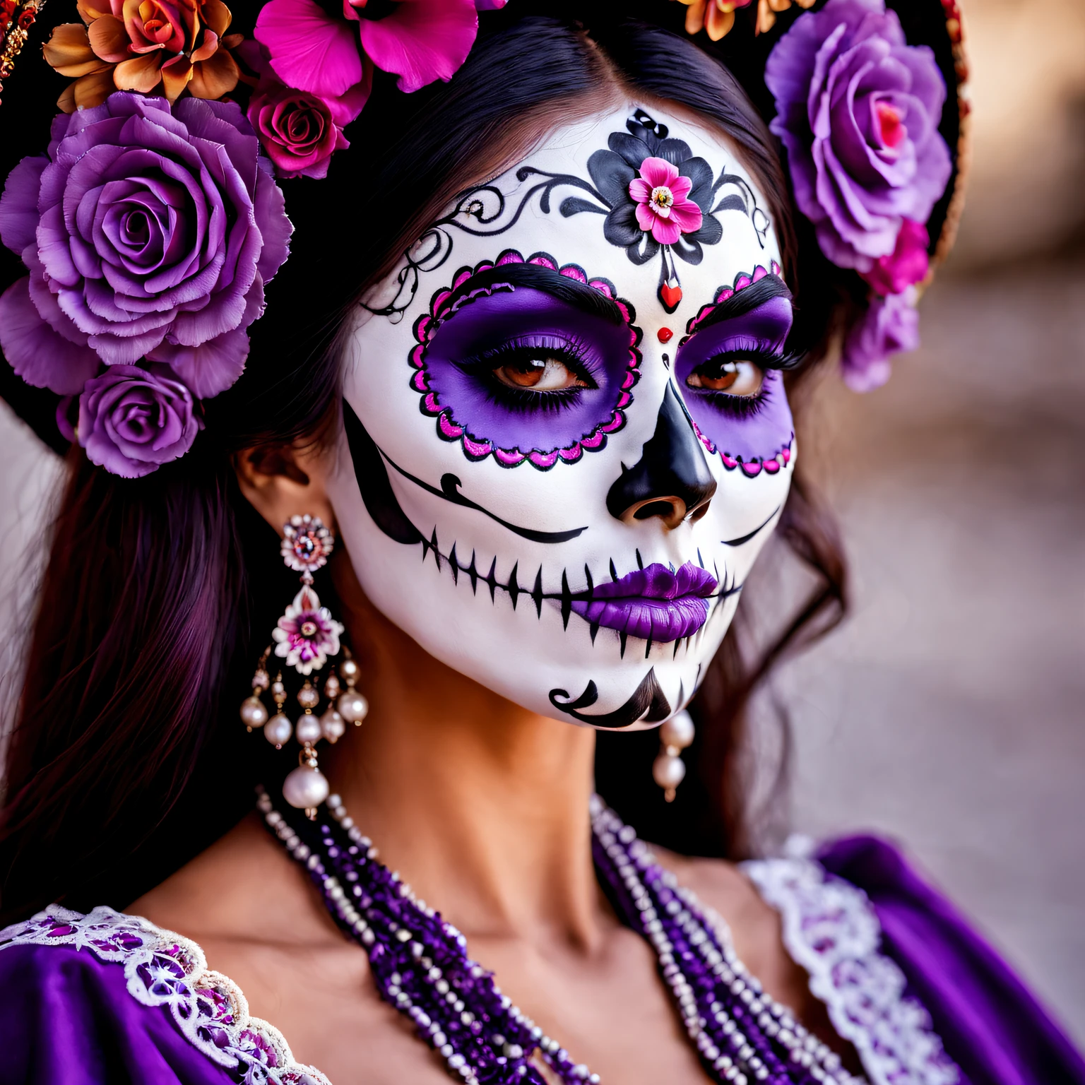 La Catrina (LaCatrina) Close-up face image of beautiful woman, The is very detailed, purple color details, sportrait, extremely detaile, Traditional La Catrina