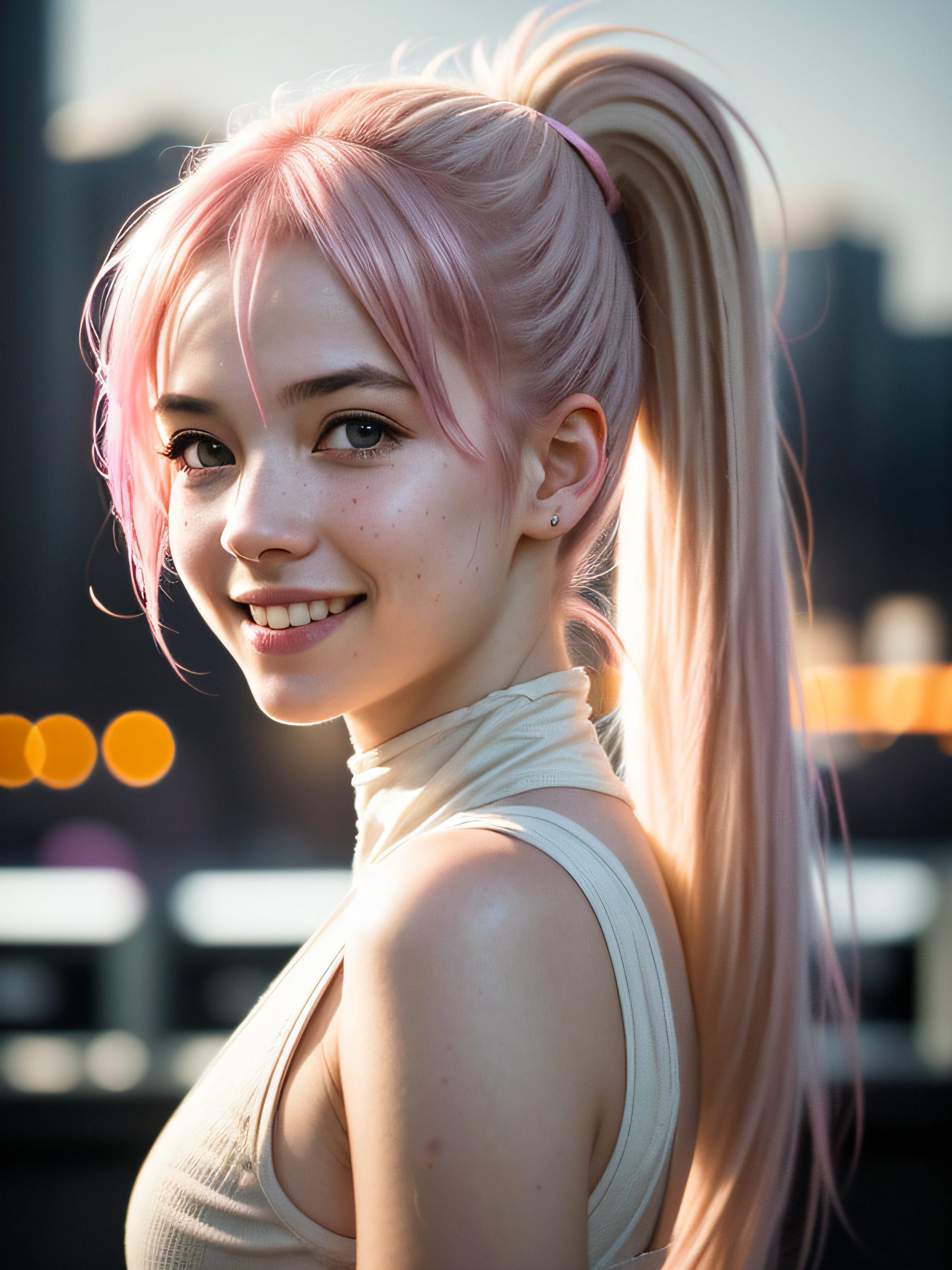 Portrait photo of a young girl, (laughing:0.7), pink ponytails hair, complex city background, backlit, (cinematic:1.5), epic realistic, hyperdetailed, insane details, intricate details, accent lighting, soft volumetric light, bokeh, (dramatic light:1.2), (neutral colors:1.3), cross process