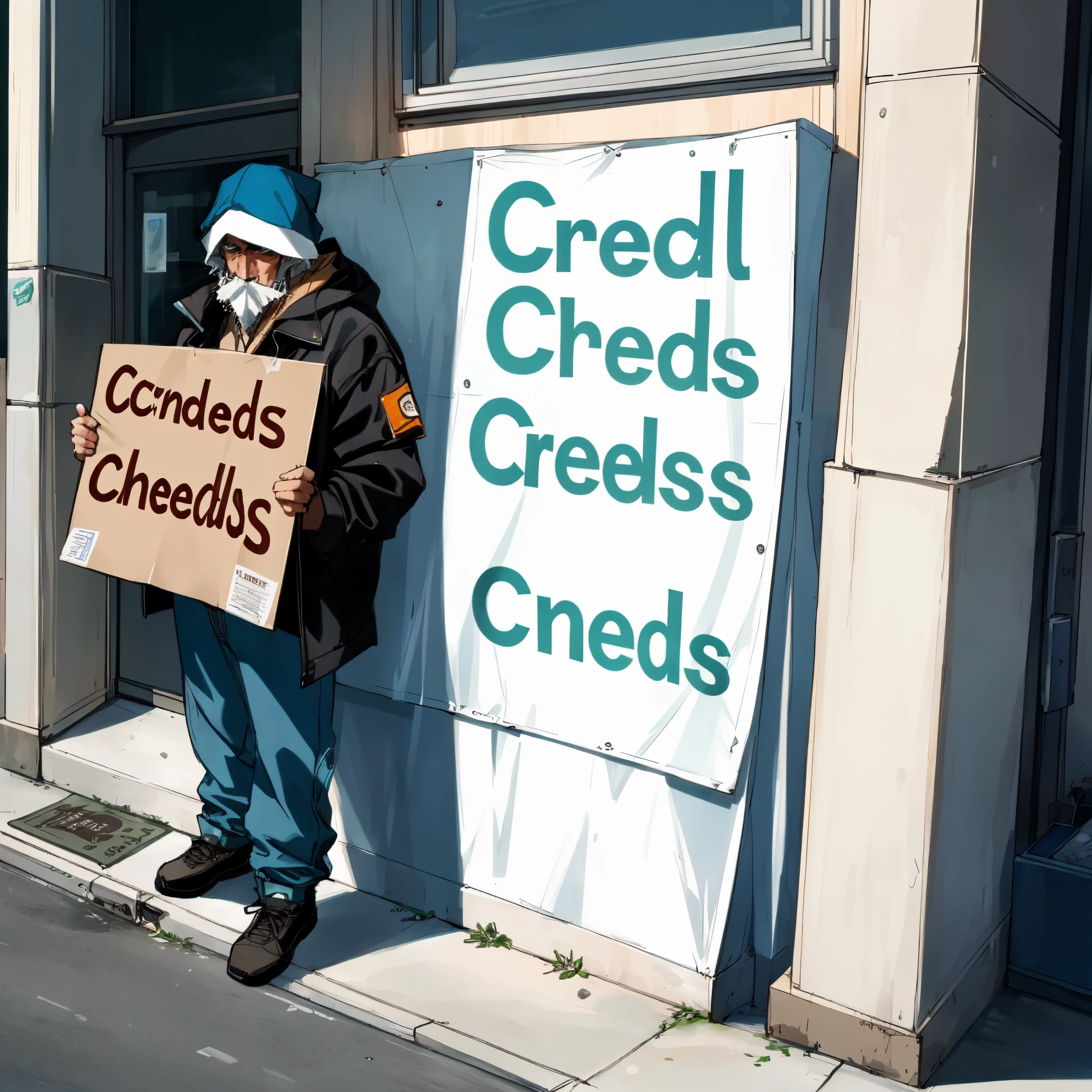 A photorealistic rendering of a homeless man on the streets of Seattle with a sign that reads “will trade AWS credits for drugs”