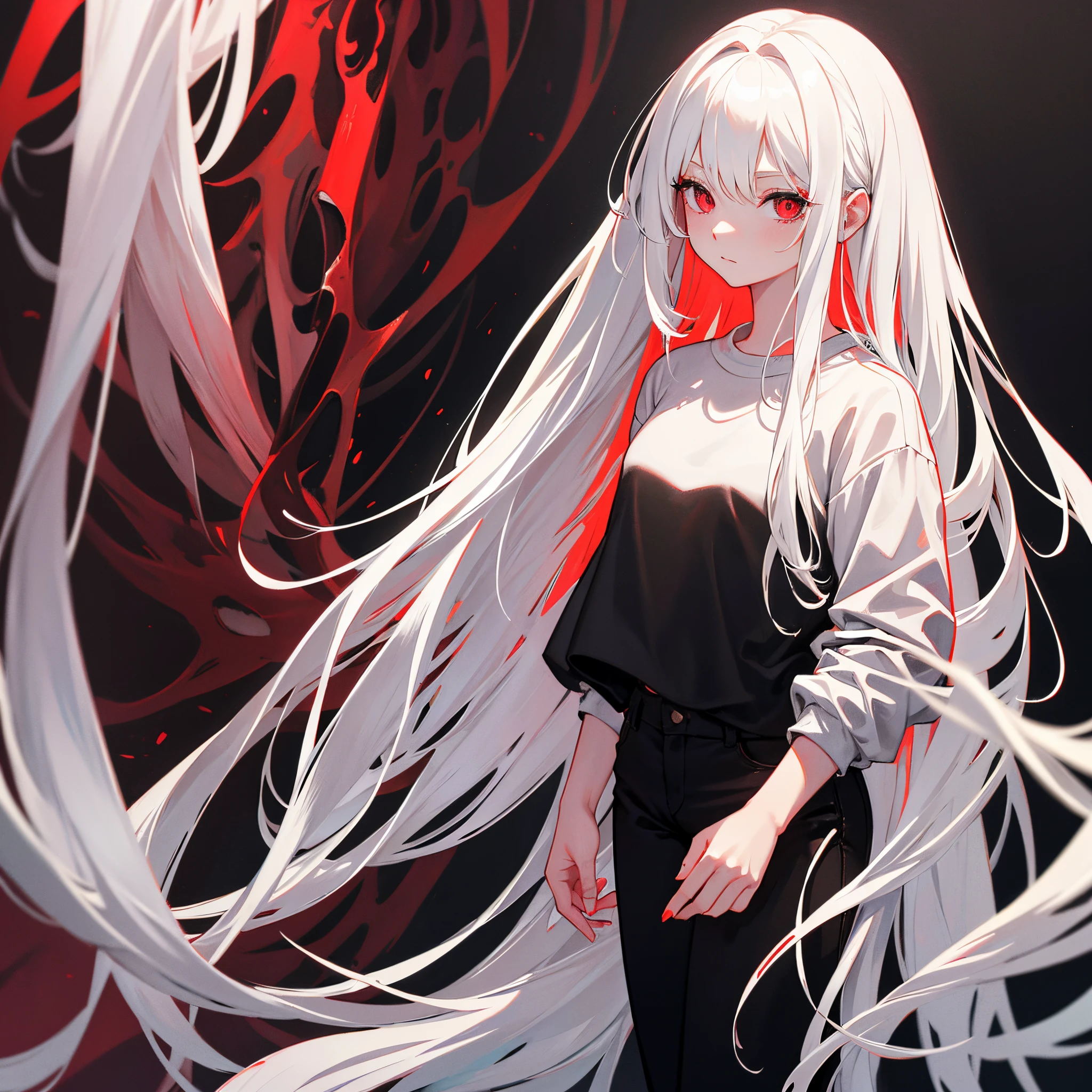 white-haired girl, light red eyes, long hair, black pants, loose black sweatshirt with red details, hair details, hands in pockets (best quality, ultra-detailed), charcoal drawing, vibrant colors, soft lighting