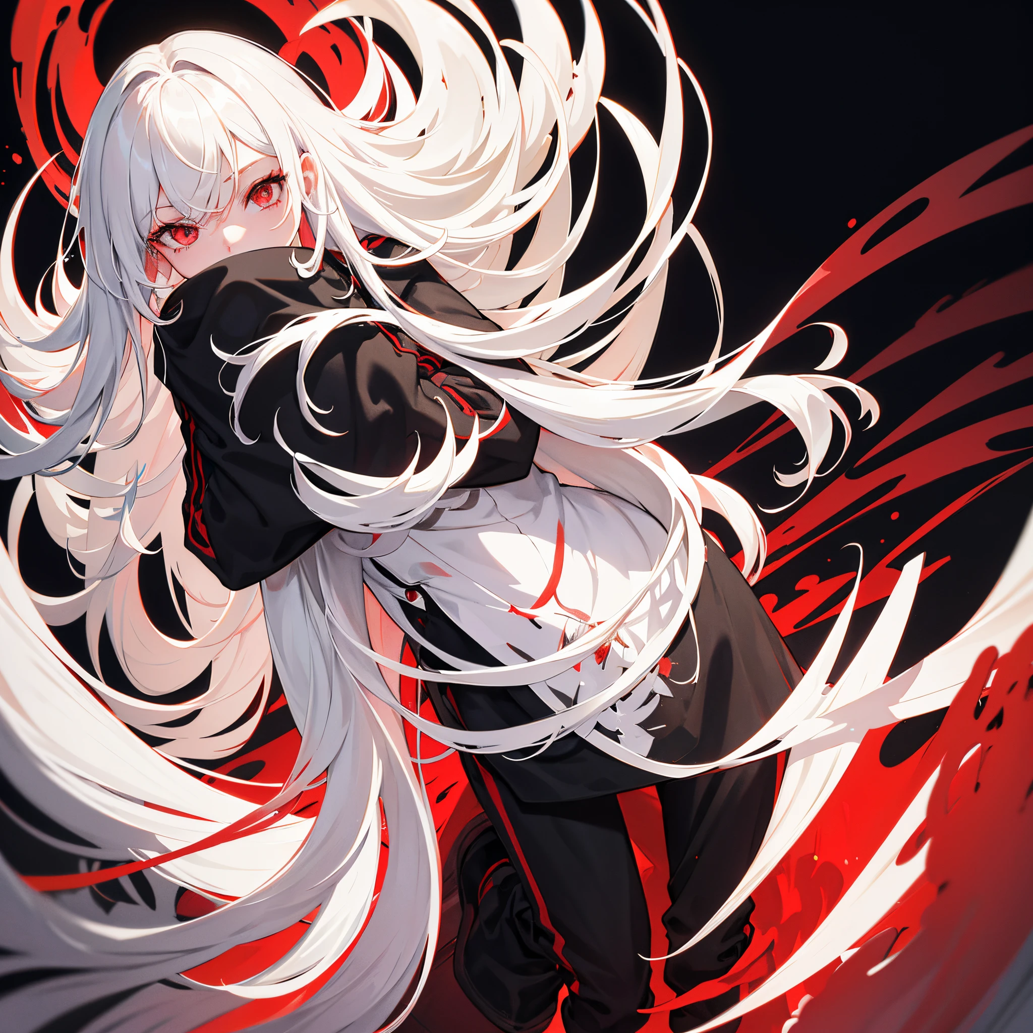red and orange, a woman with white hair, green eyes, red lips, Wearing a black and white kimono, holding a magic wand, Yellow light, Oriental anime style, 4k, design Center, Design round