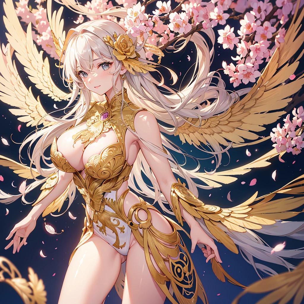 1girl in, masutepiece, Best Quality, Photorealistic, (angelicales),(Wings on the back), (Transparent golden wings spread across your back), Academic Gowns, Academic Lobe, cherryblossom, Smiling, Detailed uniforms, look at viewr, (Sigma 85mm f1.4), depth of fields, Bokeh, Detailed photorealistic backgrounds, diffused natural sunlight, diffused natural skin glow, Face Focus, Extremely detailed, (Abstract background, Zentangle, Fractal Art:1.3), (Many colors, Colorful:1.1), (Feathers, flower petals, Flowers:1.3), ((Huge breasts!!!!!!)),(Beautiful face)、(Beautiful, Glamorous and cute beauties 1.3), Delicate and beautiful hair, Delicate and beautiful eyes and face, glossy jet black hair, Glossy skin, Fair skin: 1.2, Reveal madness