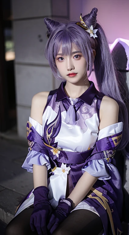 tmasterpiece, Best quality at best, the detail, depth of fields, Surreal, Realistic face and eyes, realistic skin textures, 电影灯光, The eye, go meet your audience. 1 girl, 独奏, (scowling, Keep your mouth shut), Guest Secretary_\(the original god_medium wind\), The purple_The eye, Purple colored hair, double-ponytail, sharp vision, serius face, mitts, blackstockings, external, Purple lightning, Filleg, Lightning glowing sword, Purple lightning, The upper part of the body, Cute makeup, beauitful face, European appearance