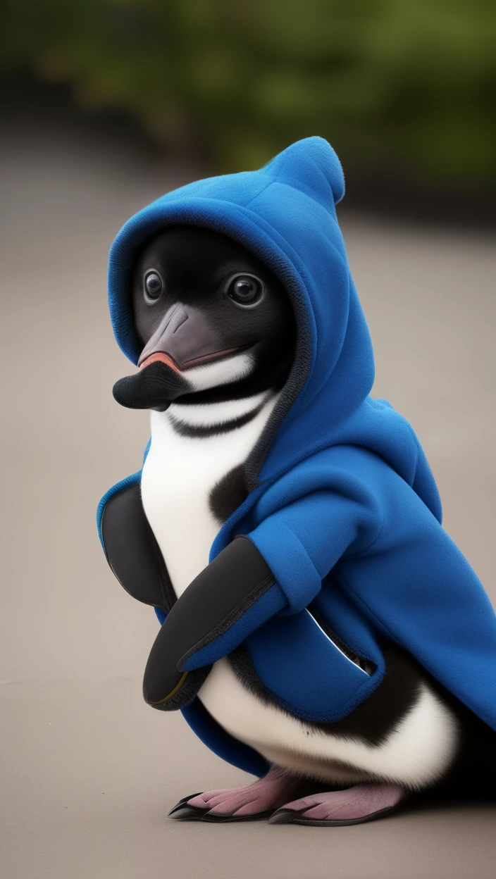 A cute penguin wearing a cool shark hoodie