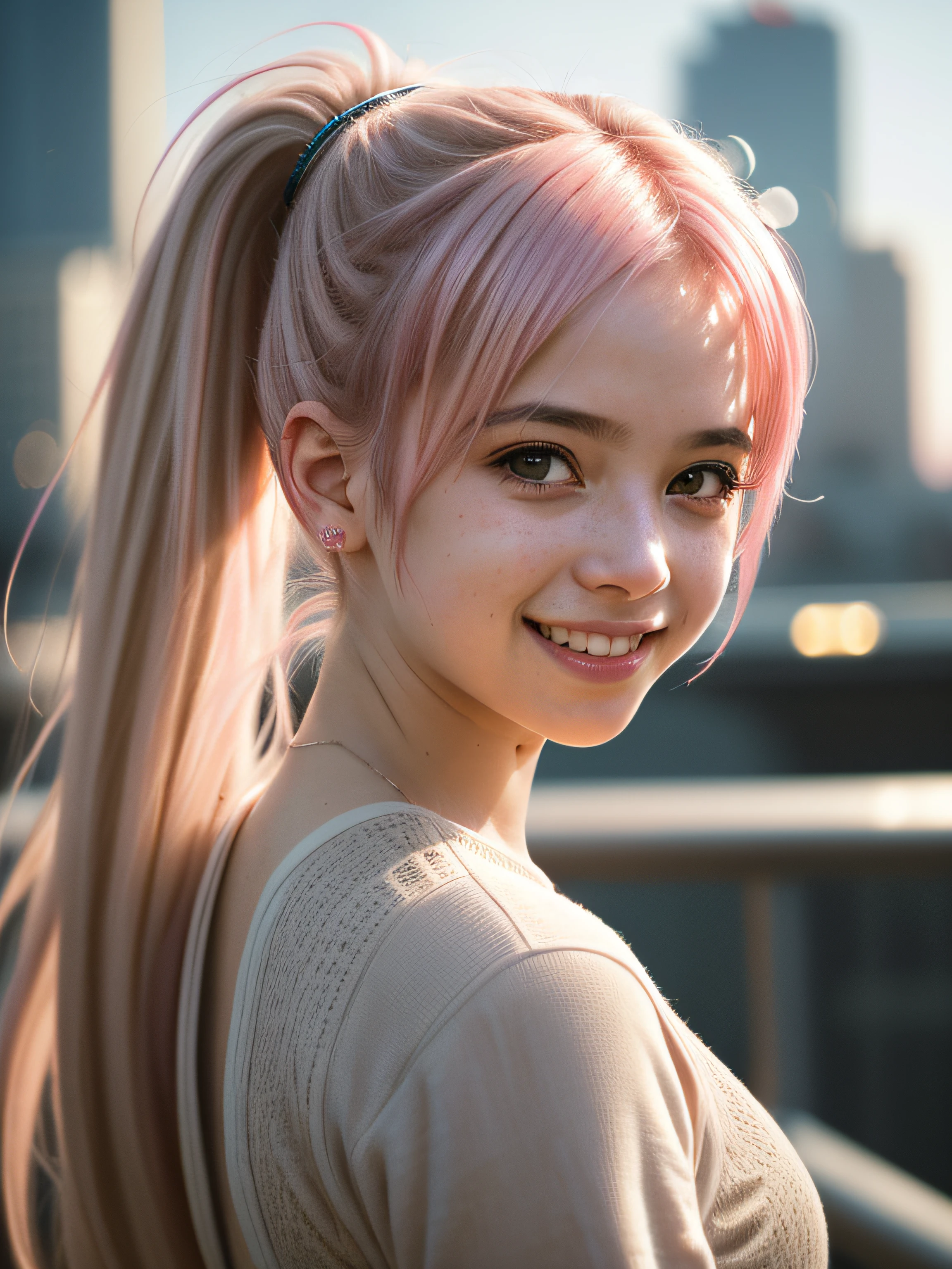 Portrait photo of a young girl, (laughing:0.7), pink ponytails hair, complex city background, backlit, (cinematic:1.5), epic realistic, hyperdetailed, insane details, intricate details, accent lighting, soft volumetric light, bokeh, (dramatic light:1.2), (neutral colors:1.3), cross process