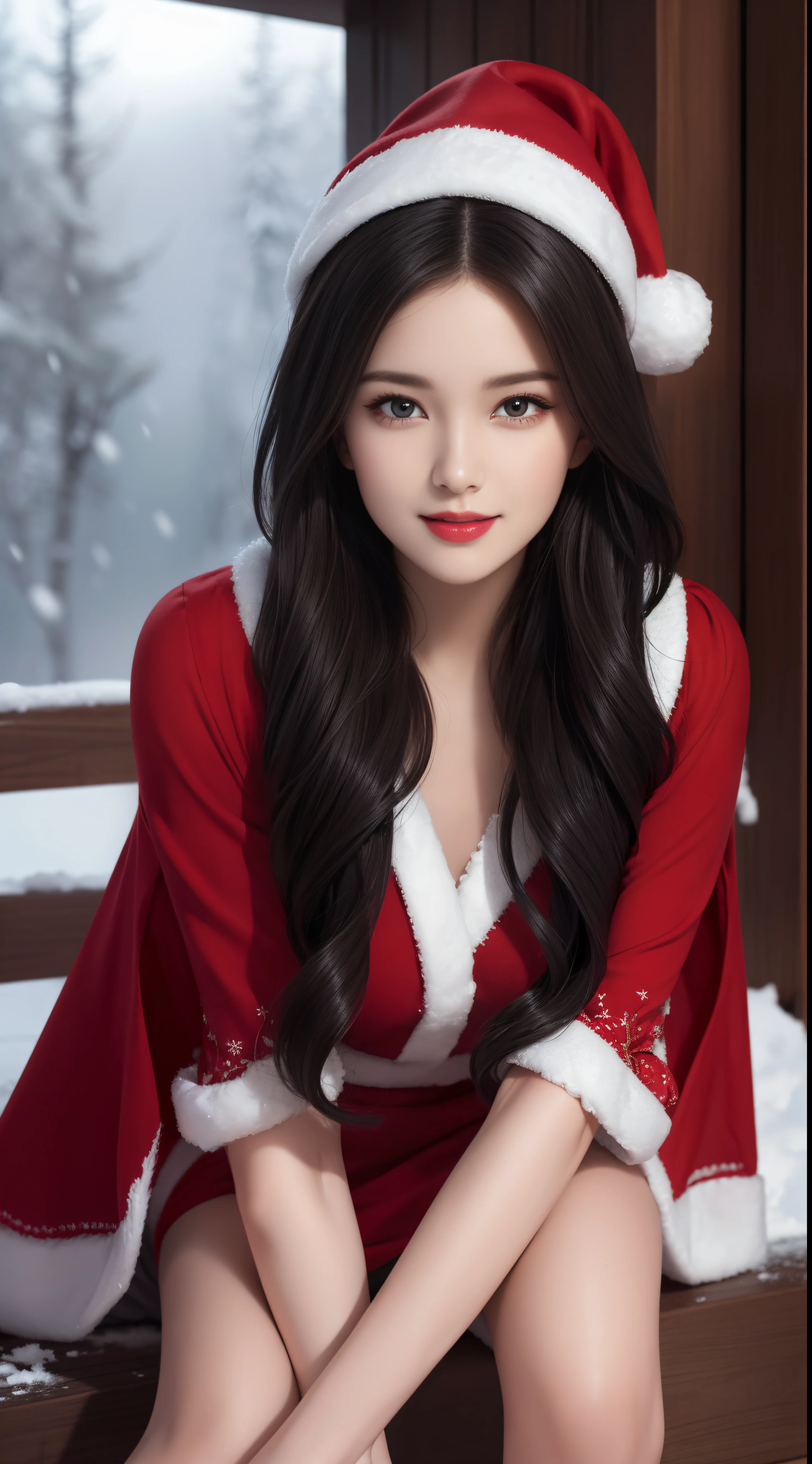 (Aesthetic, High Resolution: 1.2), full-body portrait of a beautiful 20-year-old woman wearing an intricately detailed red boby Santa Claus costume, symmetrical costume structure, bright clear eyes, happy smile, changing hairstyle, falling snow, snow in hair. Professional photographer, minimalism, conceptual art, intricate detail, 8k post-production, High Definition, Ultra Detail, trending on ArtStation, sharp focus, artistic dark studio photos, details Intricate details, Highly detailed, By Greg Rutkowski, professional light and dark art, Vibrant colors. Outdoor winter scene with snow in the evening, A slight smile, True art, many hairstyles and color changes, Passionate mood, Seductive expressions, Sexy lips, Wet lips, Eyes seductive aim, seductive appearance, seductive posture.