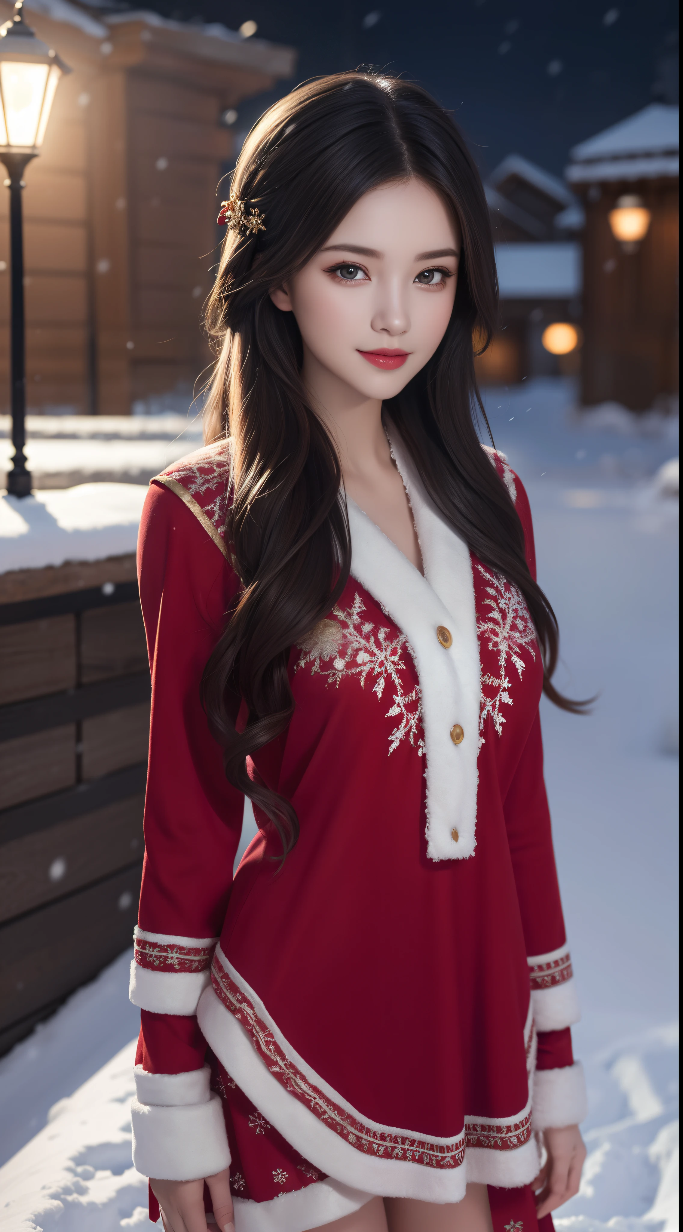 (Aesthetic, High Resolution: 1.2), full-body portrait of a beautiful 20-year-old woman wearing an intricately detailed red boby Santa Claus costume, symmetrical costume structure, bright clear eyes, happy smile, changing hairstyle, falling snow, snow in hair. Professional photographer, minimalism, conceptual art, intricate detail, 8k post-production, High Definition, Ultra Detail, trending on ArtStation, sharp focus, artistic dark studio photos, details Intricate details, Highly detailed, By Greg Rutkowski, professional light and dark art, Vibrant colors. Outdoor winter scene with snow in the evening, A slight smile, True art, many hairstyles and color changes, Passionate mood, Seductive expressions, Sexy lips, Wet lips, Eyes seductive aim, seductive appearance, seductive posture.
