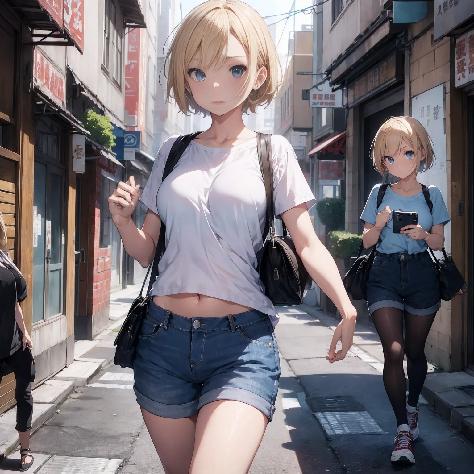 top-quality、8K、2D Anime Style、hight resolution,Blue eyes、breasts are slightly larger、messy blonde short hair、serious facial expression、Cool adult woman、shortpants、long court、Fashion that shows your stomach、hold the bag with your right hand、hold a smartphone in her left hand,Walking around the city alone,