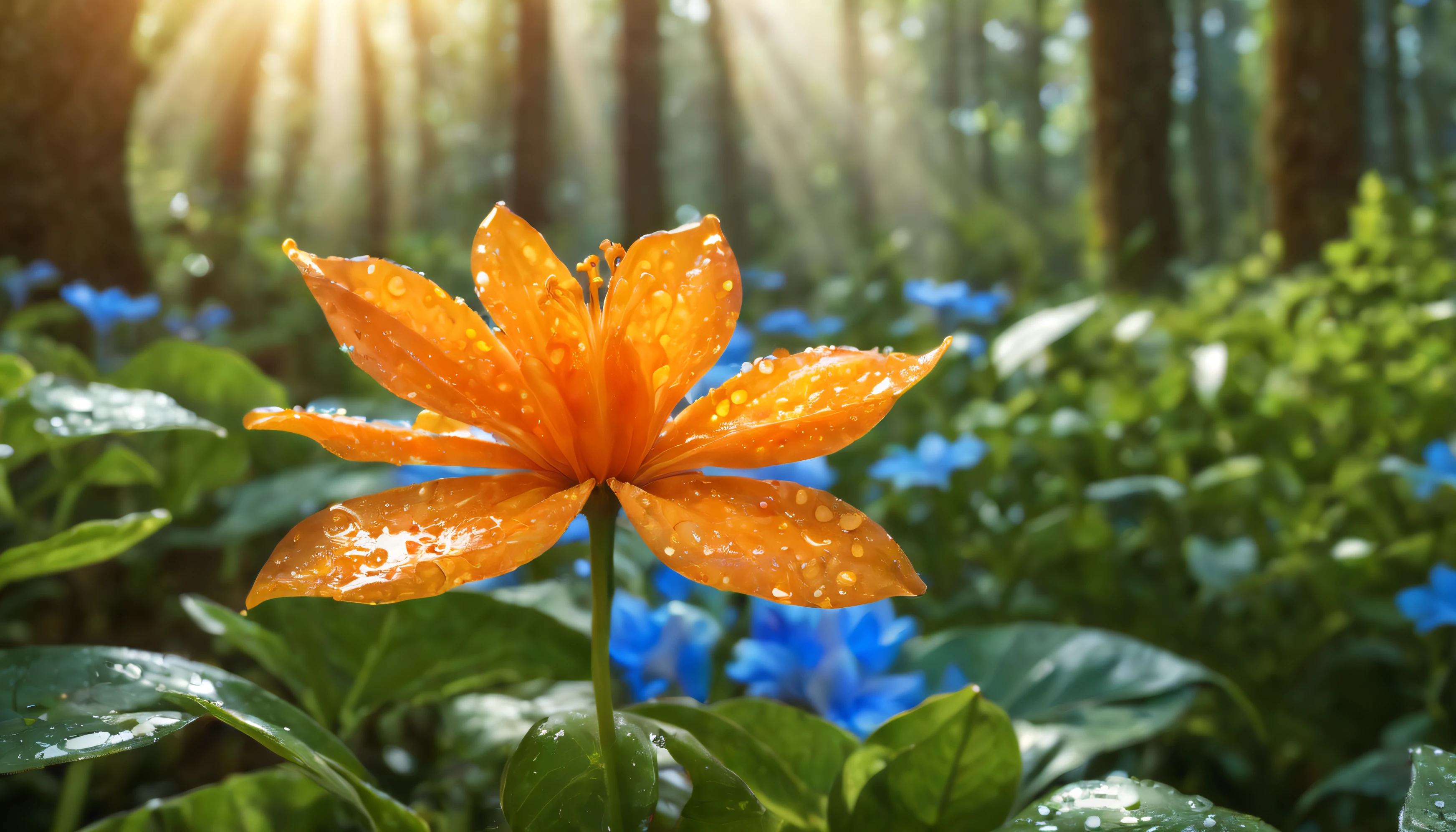 a wet orange in the form of a flower,a tangerine flower,a flower in the form of a tangerine, a blue glow emanates from it to the cut of the petals,gradient petals from orange to transparent, among other types of flowers, grows in the forest,a magical fairy-tale forest,behind the flower the bright sun shines with rays, clear details,hyper-drawing of flower details, high quality 8L, full HD 16L,high quality 8L, full hd 16K