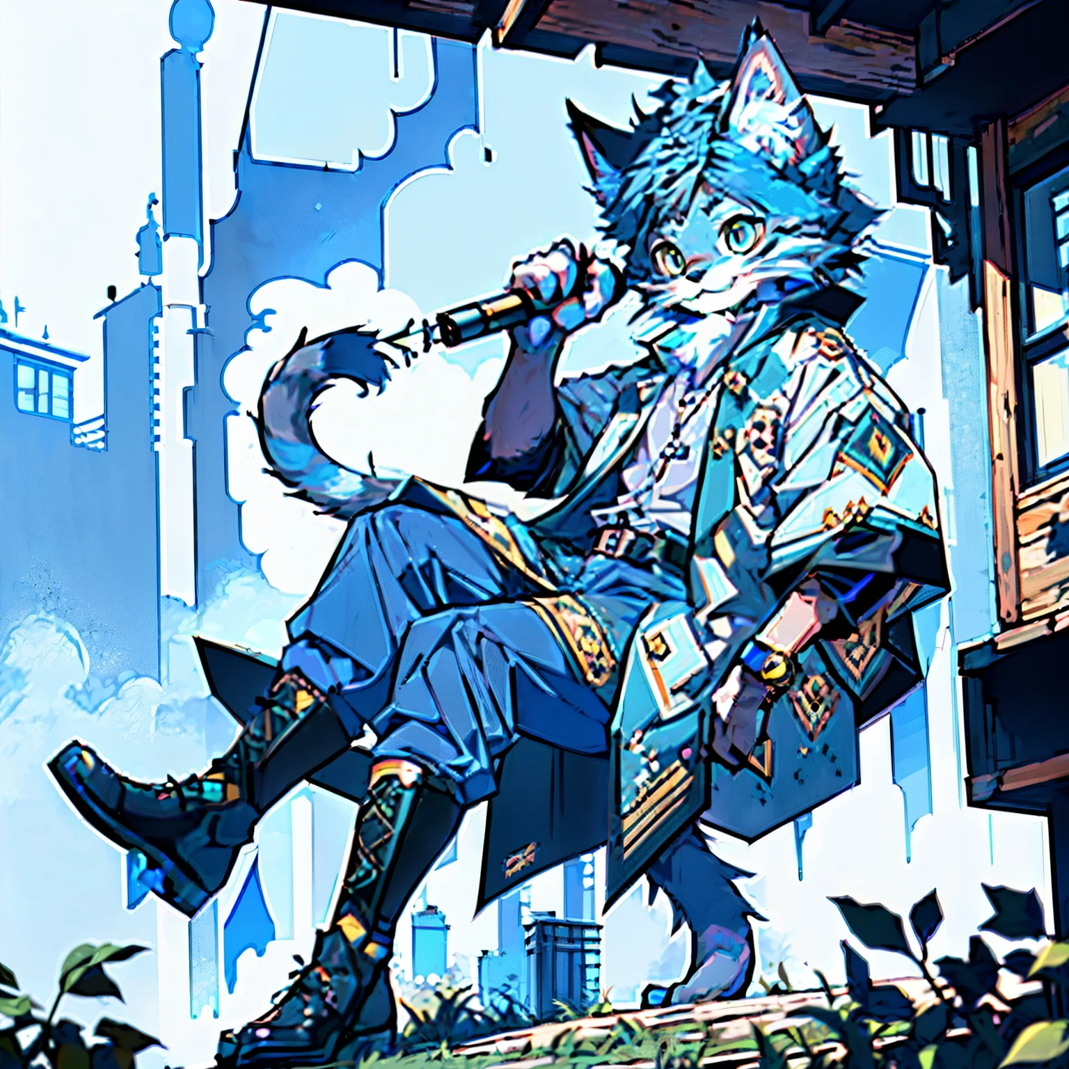 (Best Picture Quality), (tmasterpiece), ((Single 1.5)),(ultra - detailed), (hairy pubic hair), Full Body Furry,hairy pubic,(Male blue cat:1.5), (blue color eyes),（Left eye mechanical eye）raining day，suburbs of city，wooden cabin，Functional style outfit，Watch the rain。